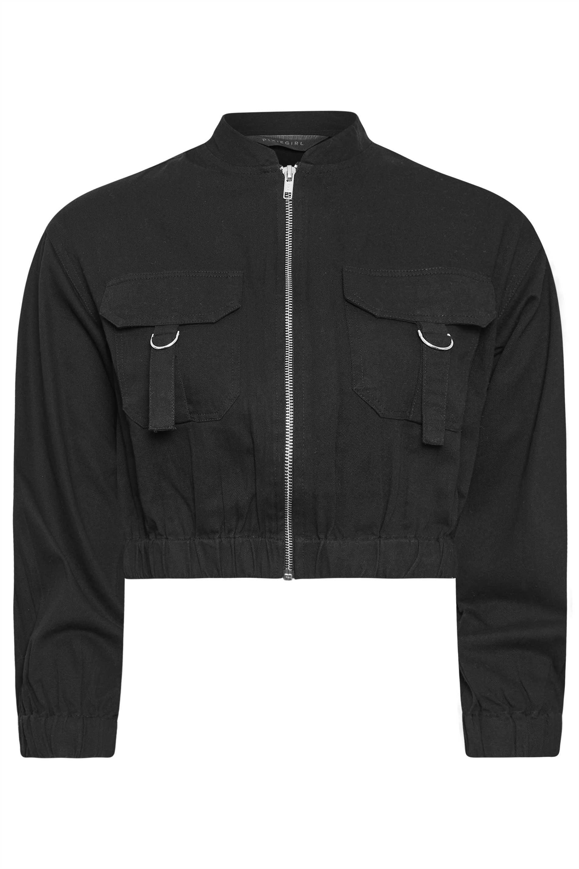 PixieGirl Petite Black Cropped Bomber Jacket | PixieGirl  5