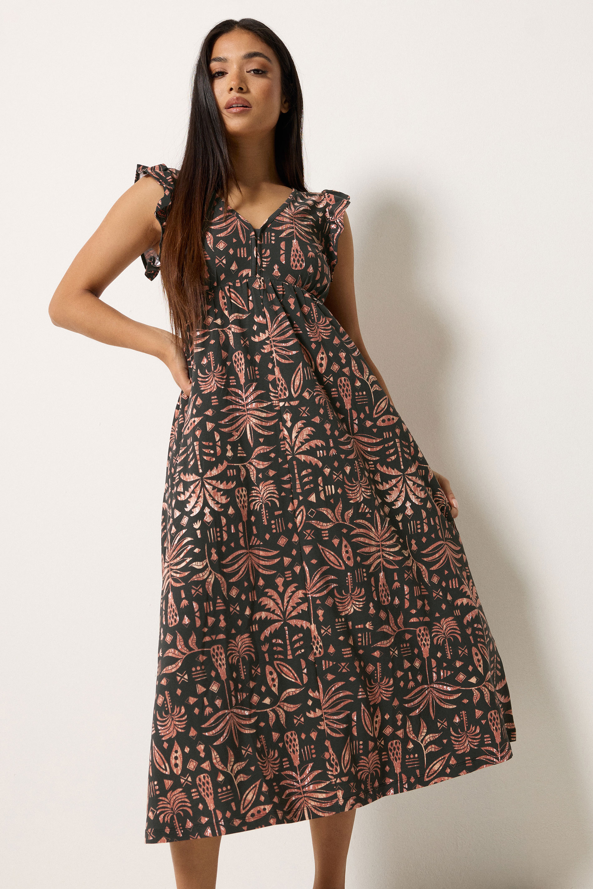 M&Co Petite Black Aztec Frill Sleeve Midi Dress | M&Co 3