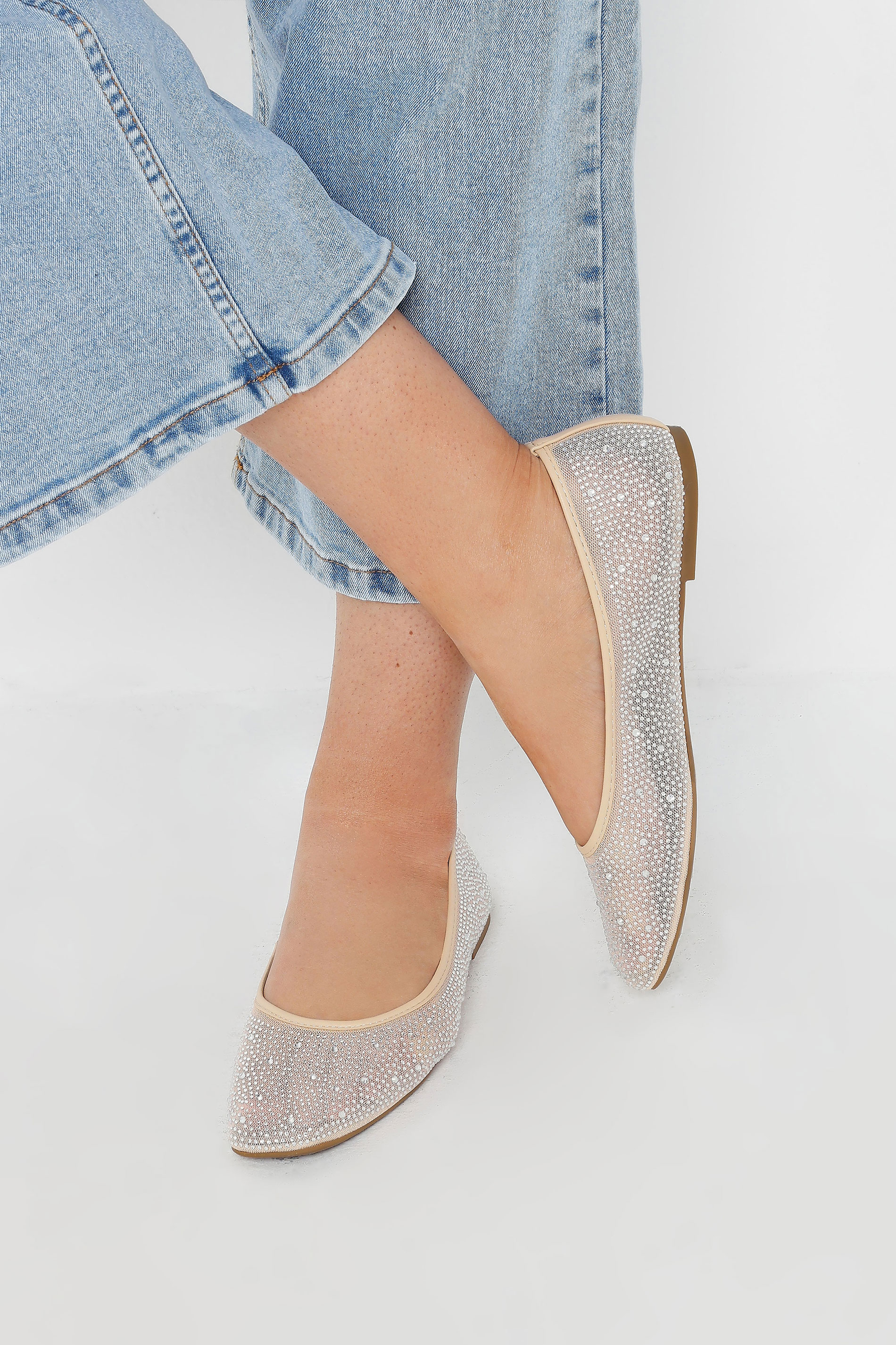Nude Mesh Diamante Embellished Ballerina Pumps In Wide E Fit | Yours Clothing 1
