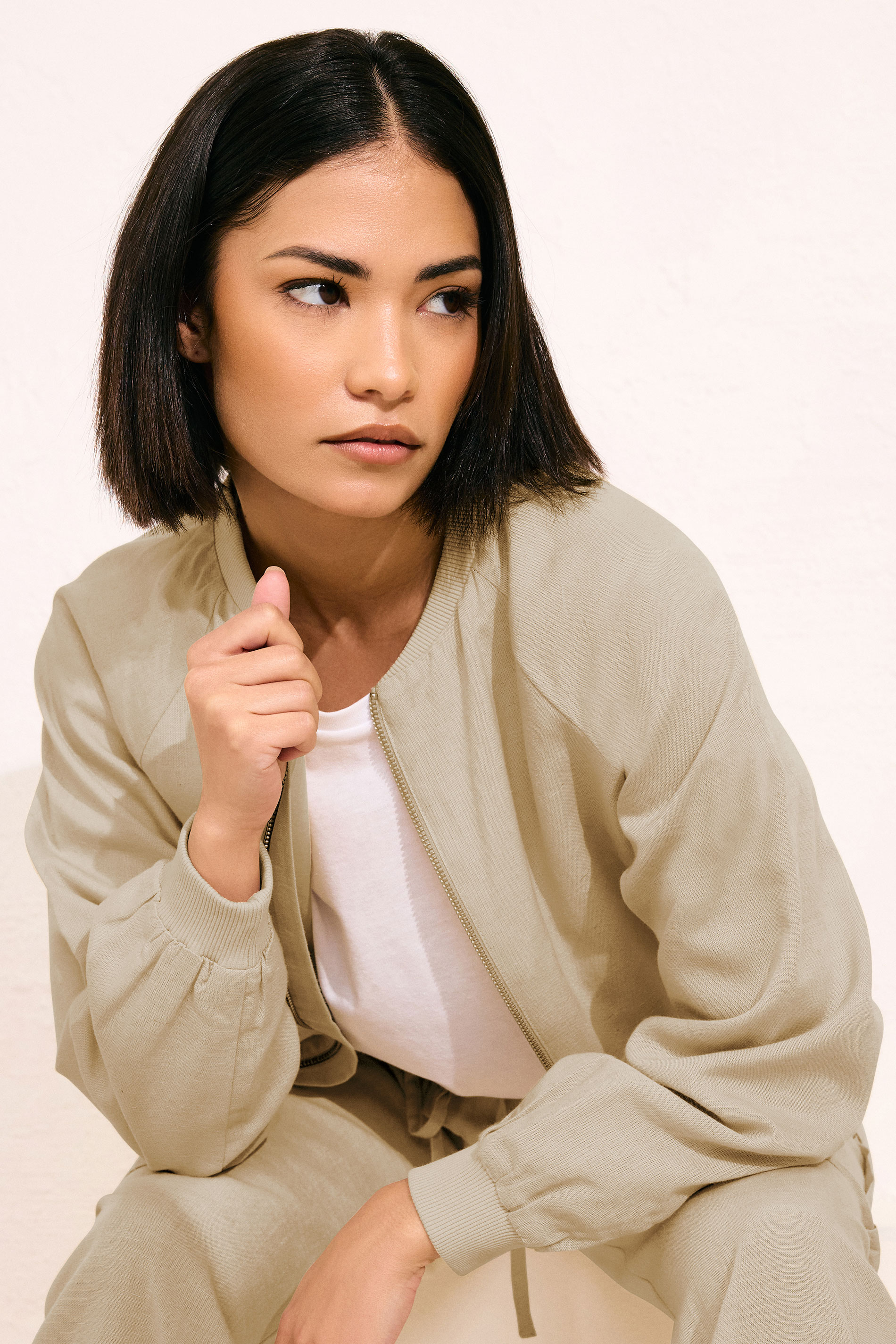 PixieGirl Petite Women's Stone Brown Linen Bomber Jacket | PixieGirl 4