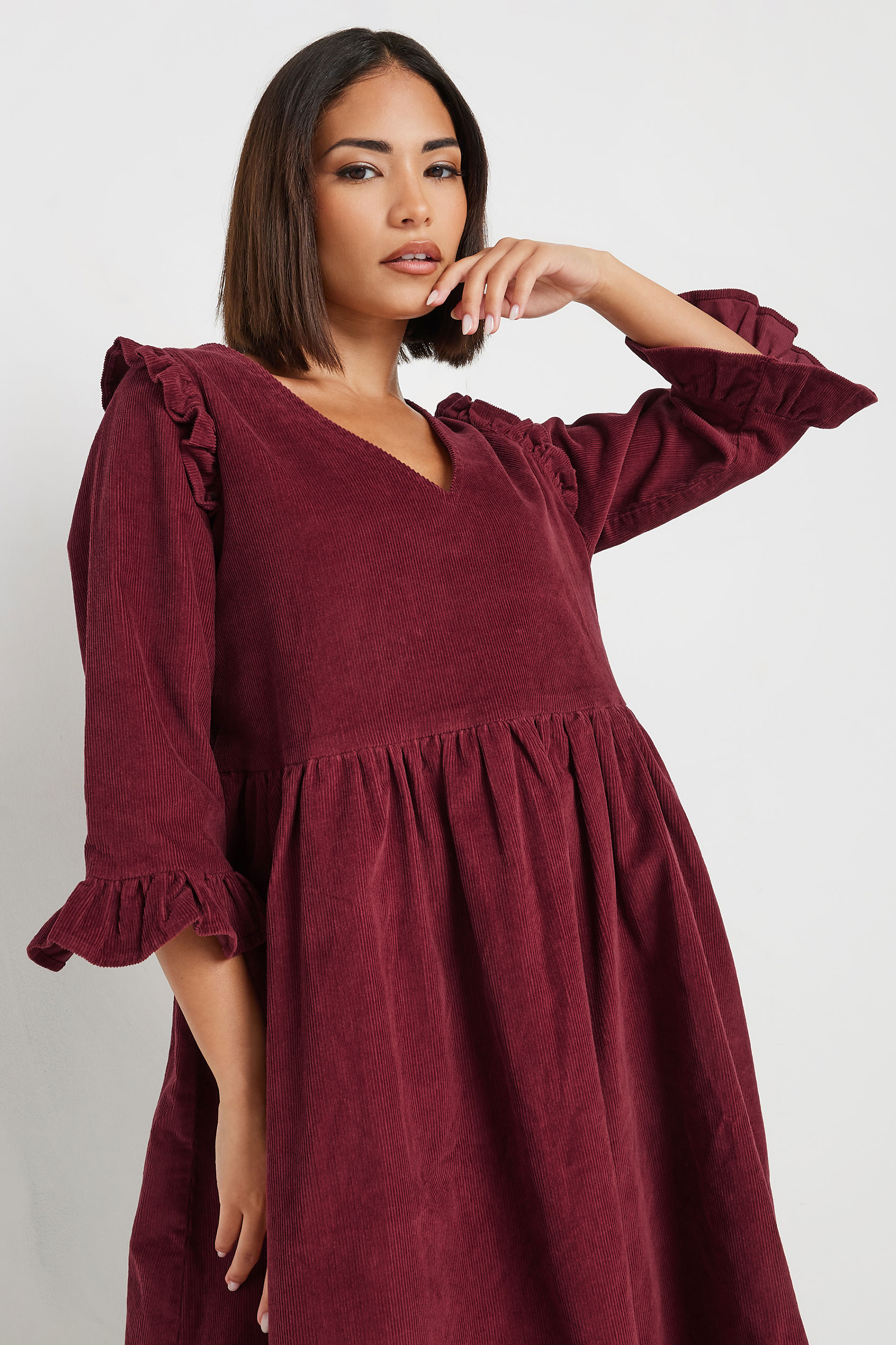 PixieGirl Petite Women's Burgundy Red Cord Detail Frill Smock Dress | PixieGirl 4