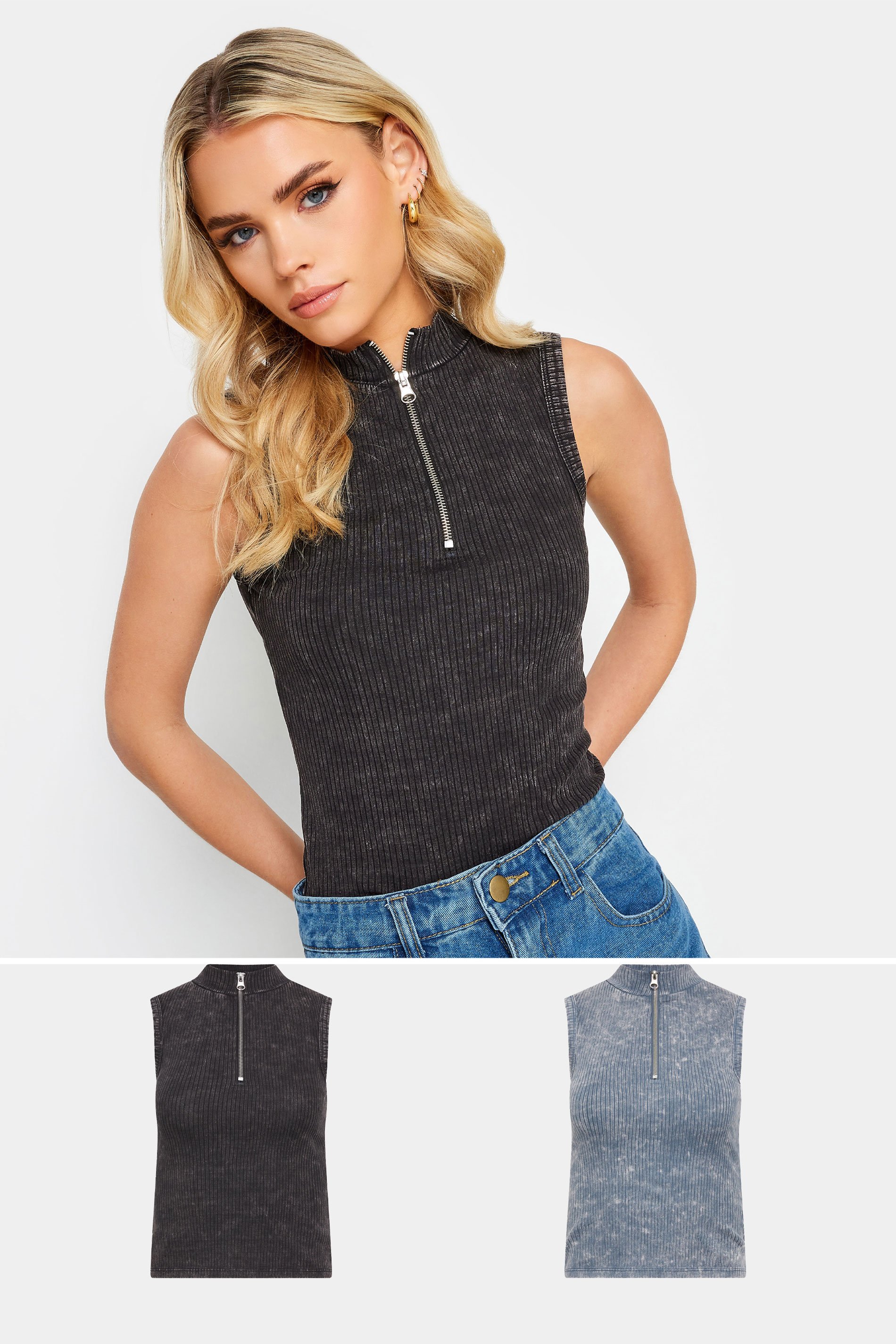 PixieGirl Petite Women's 2 PACK Black & Blue Acid Wash Zip Up Vest Top | PixieGirl 1