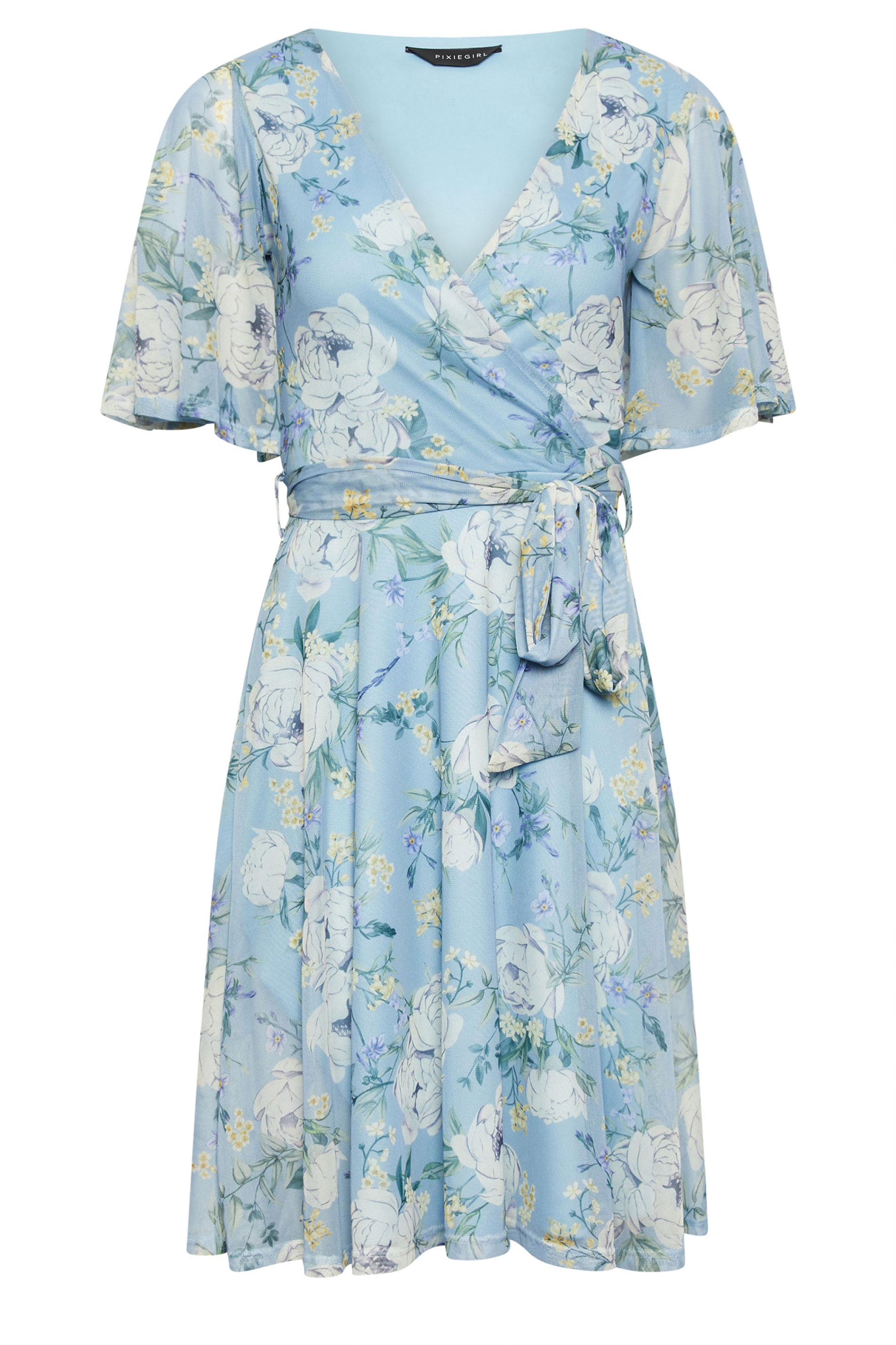 PixieGirl Petite Womens Light Blue Floral Print Mesh Wrap Dress | PixieGirl 5