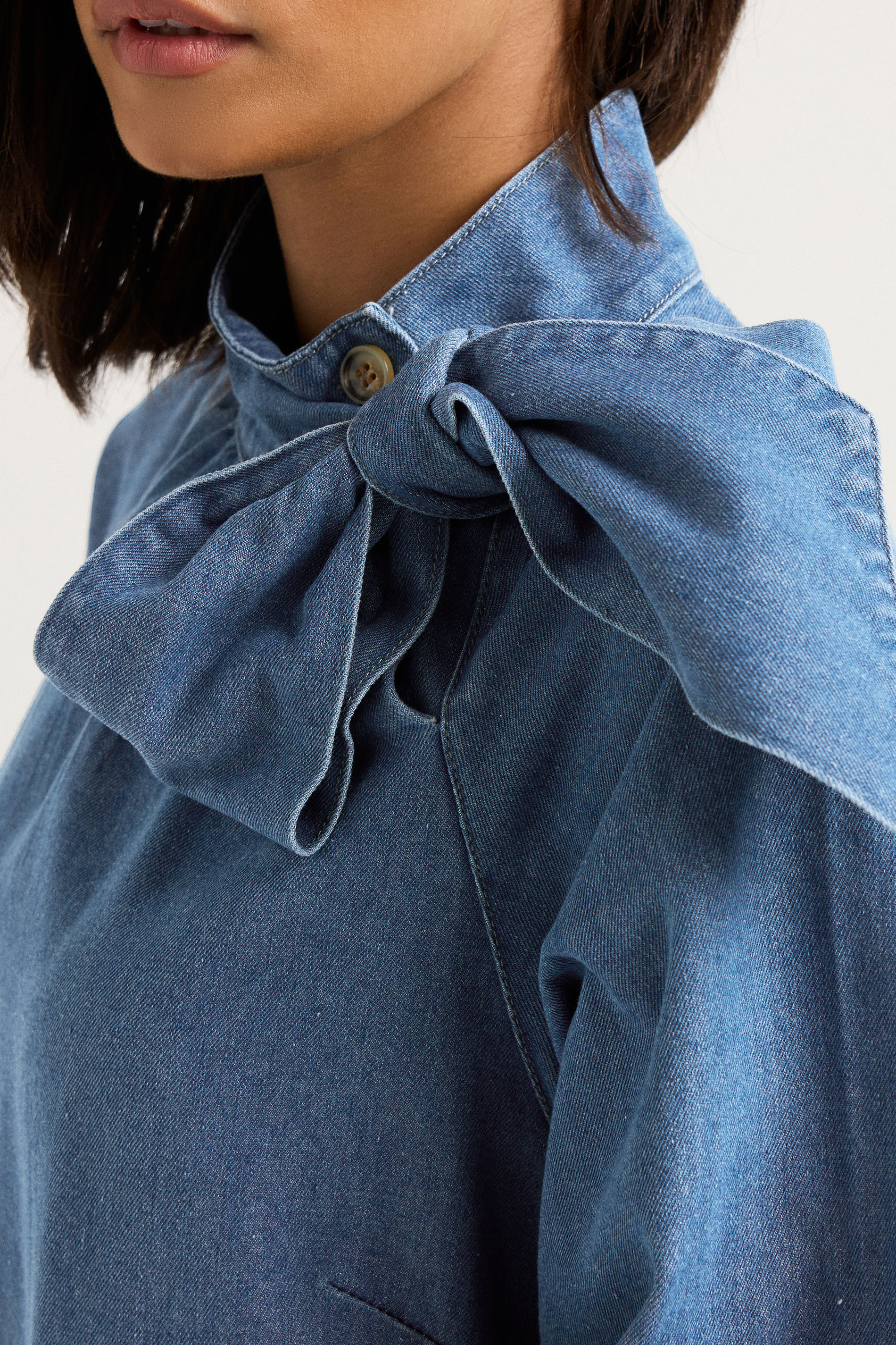 PixieGirl Petite Women's Blue Denim Tie Neck Dress | PixieGirl 5