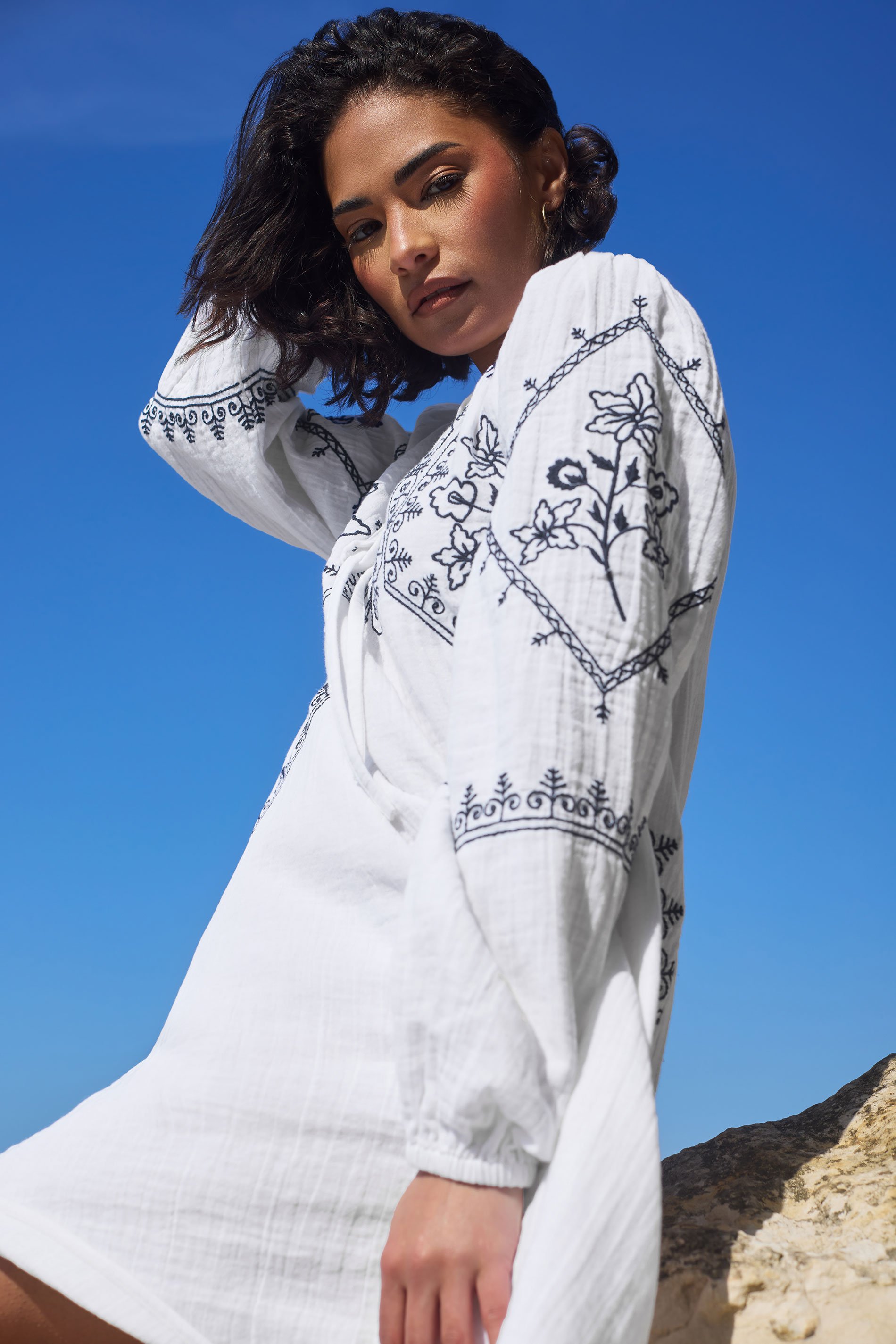 PixieGirl Petite Women's White Cotton Embroidered Smock Dress | PixieGirl 3