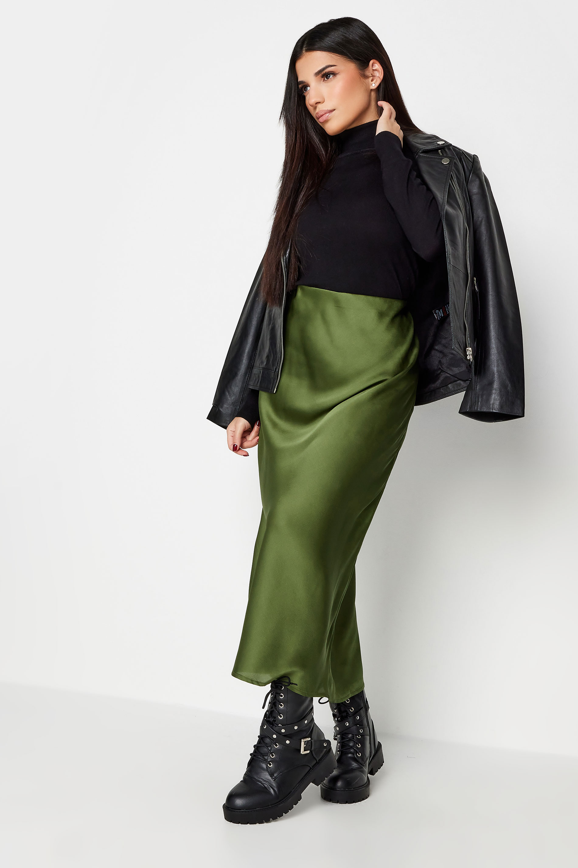 PixieGirl Petite Olive Green Satin Midaxi Skirt | PixieGirl  3