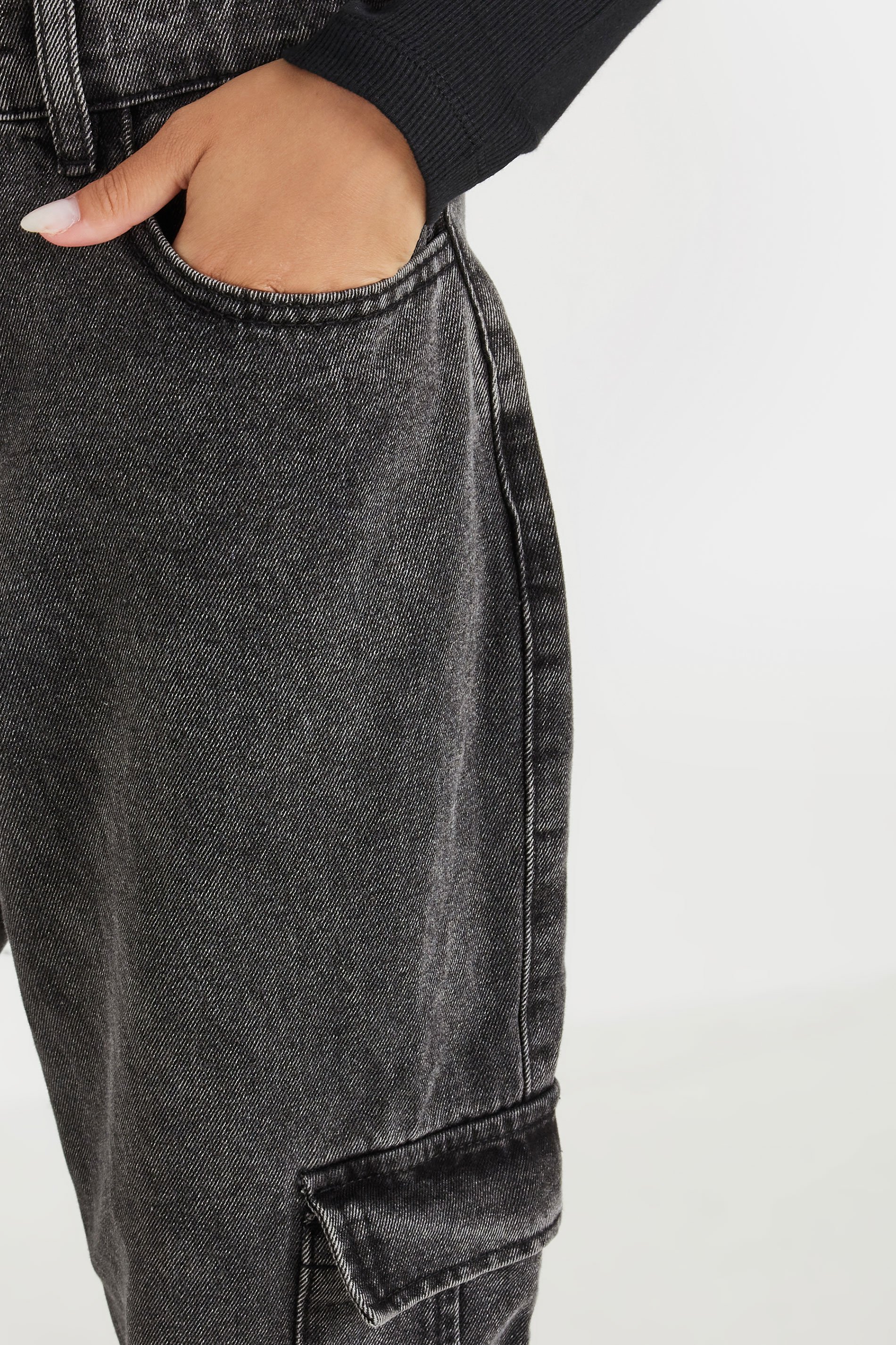 PixieGirl Petite Women's Black Acid Wash Non-Stretch Cargo Style Jeans | PixieGirl 5