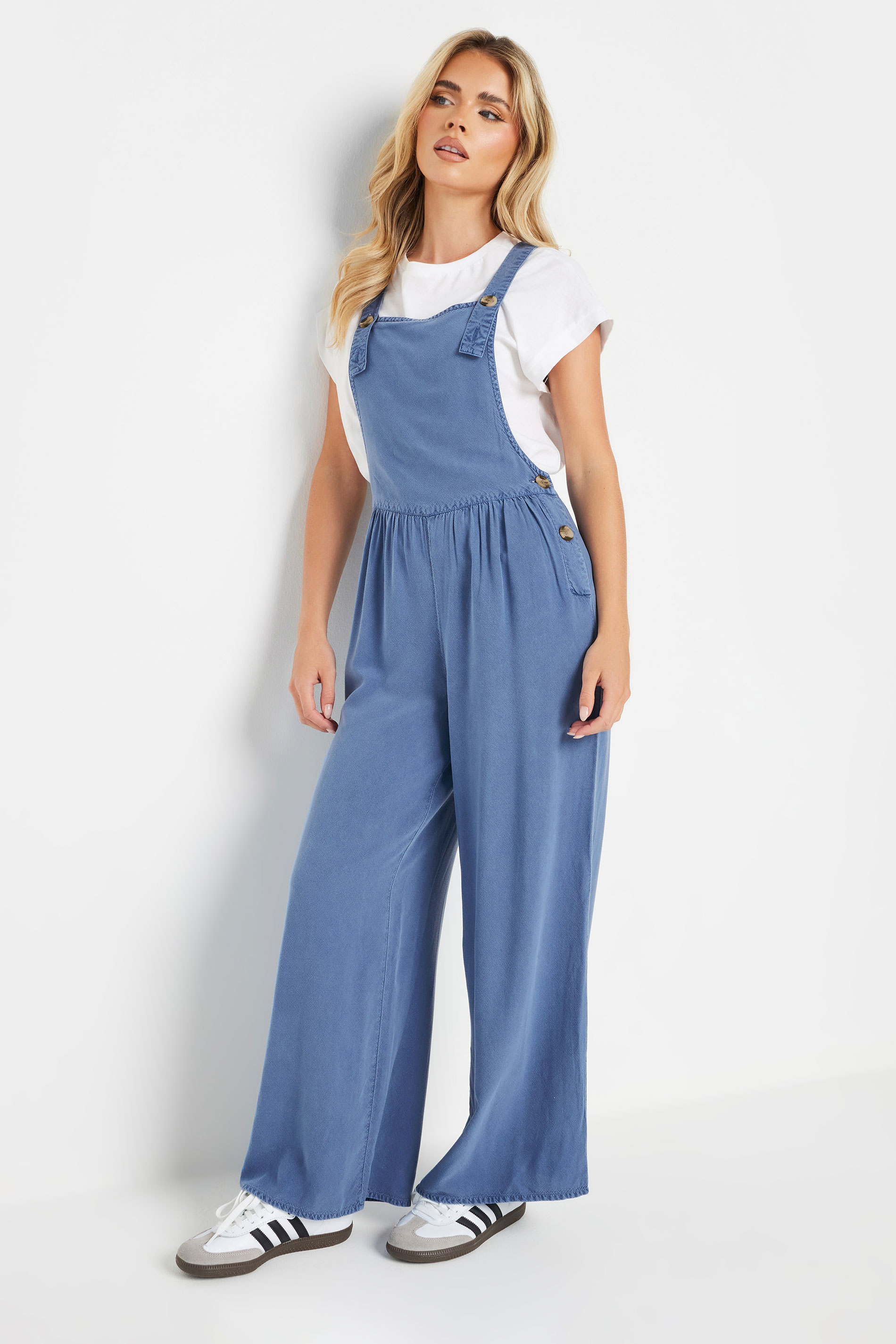 PixieGirl Petite Women's Blue Acid Wash Wide Leg Dungarees | PixieGirl 3
