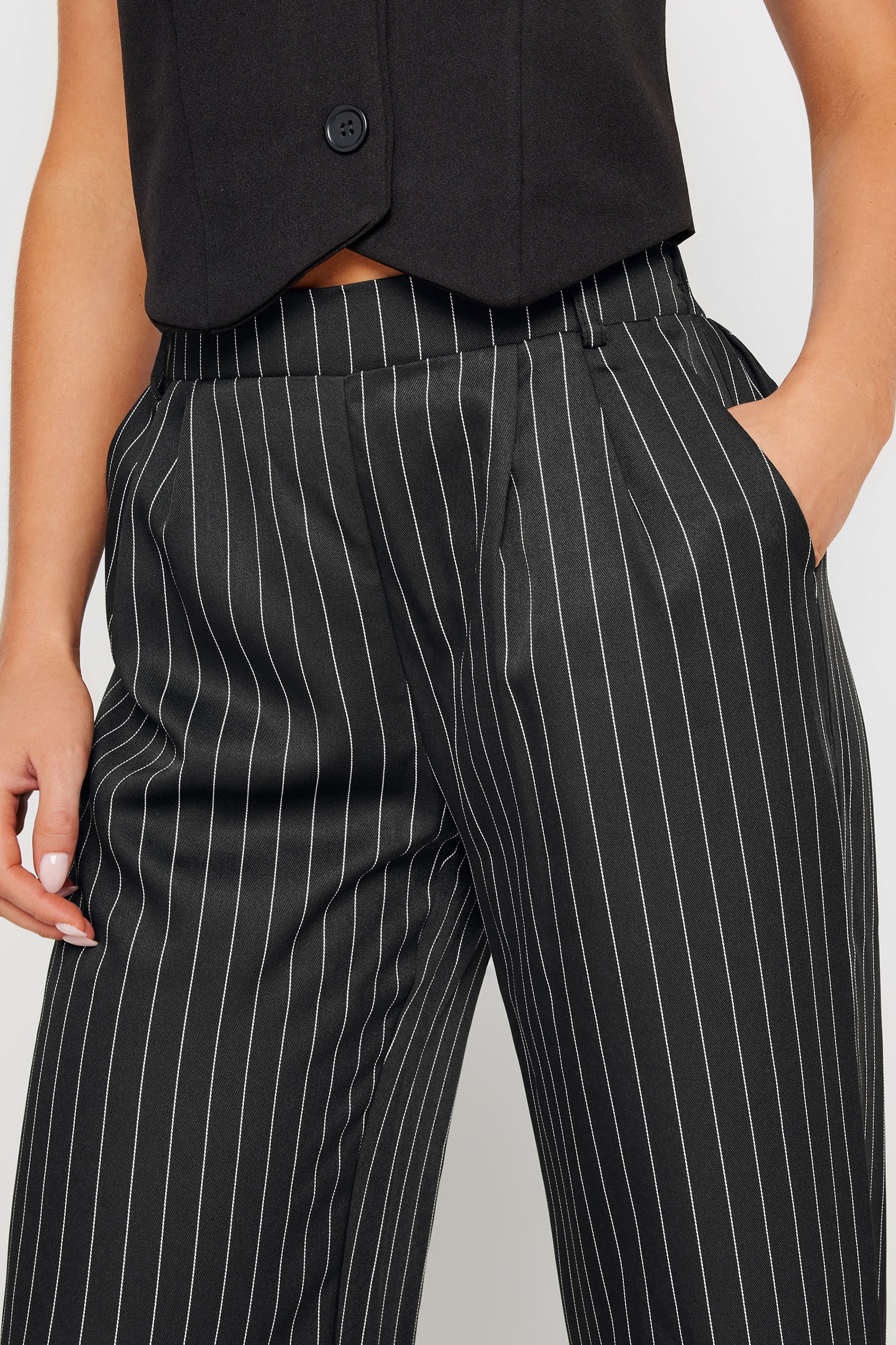PixieGirl Petite Womens Black Pinstripe Print Wide Leg Trousers | PixieGirl 4