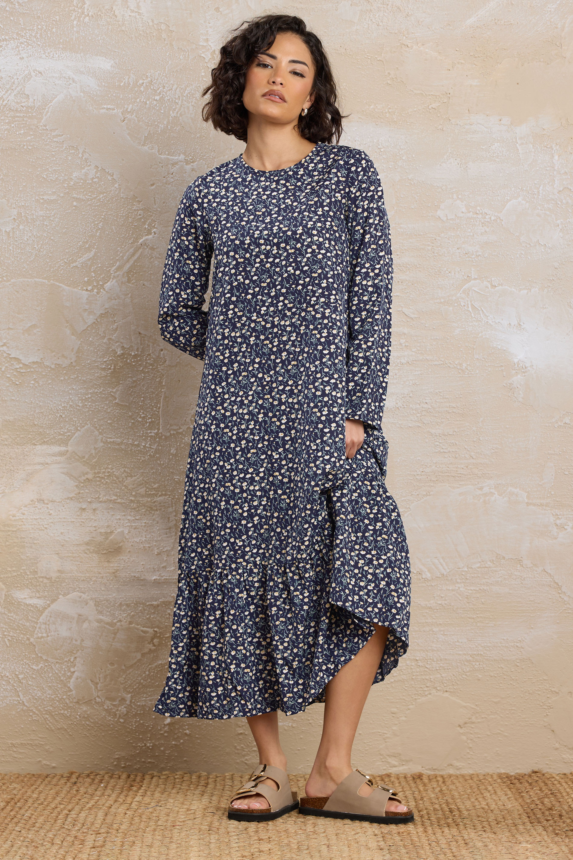 PixieGirl Petite Women's Navy Blue Floral Tiered Midaxi Dress | PixieGirl 5