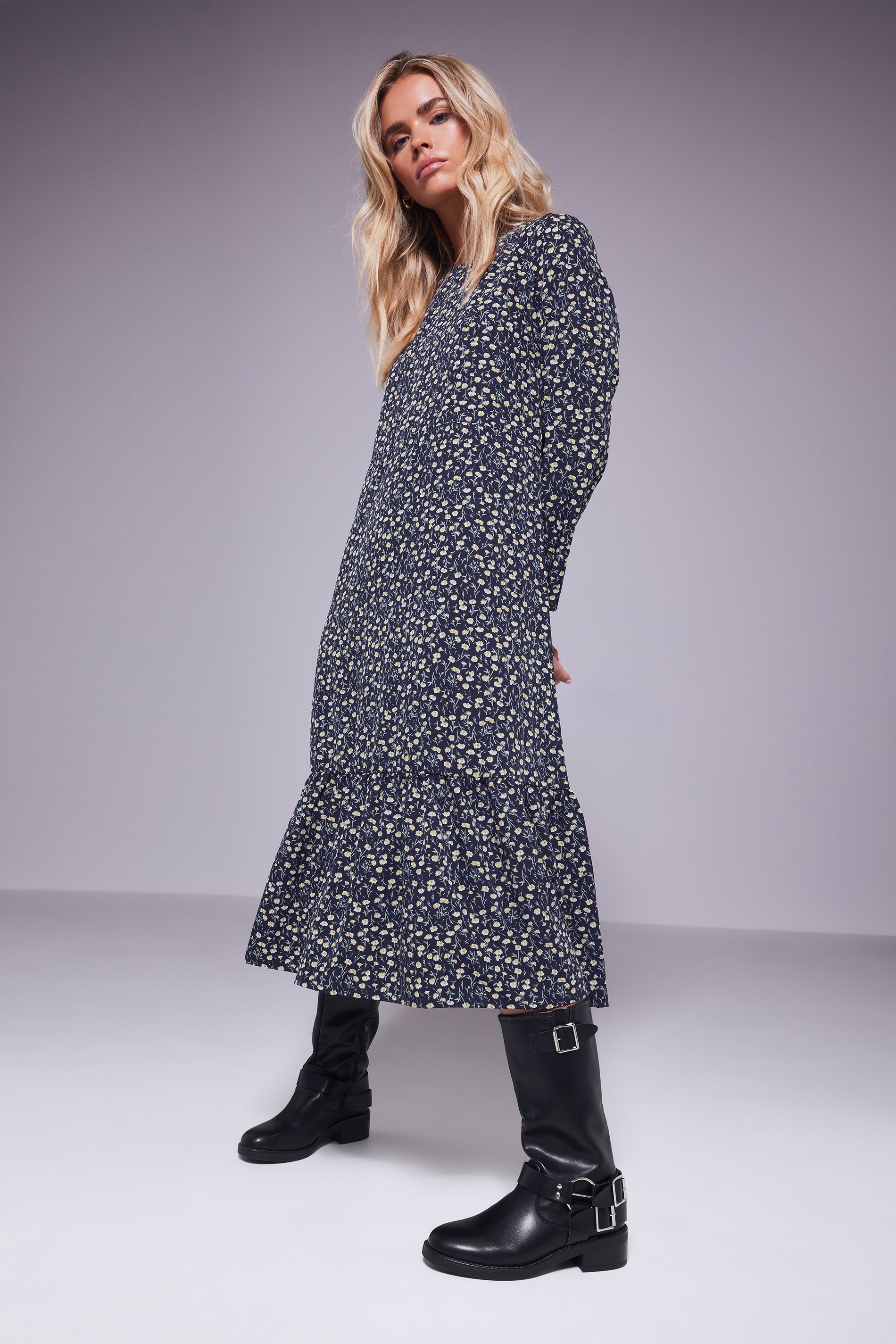 PixieGirl Petite Women's Navy Blue Floral Tiered Midaxi Dress | PixieGirl 1