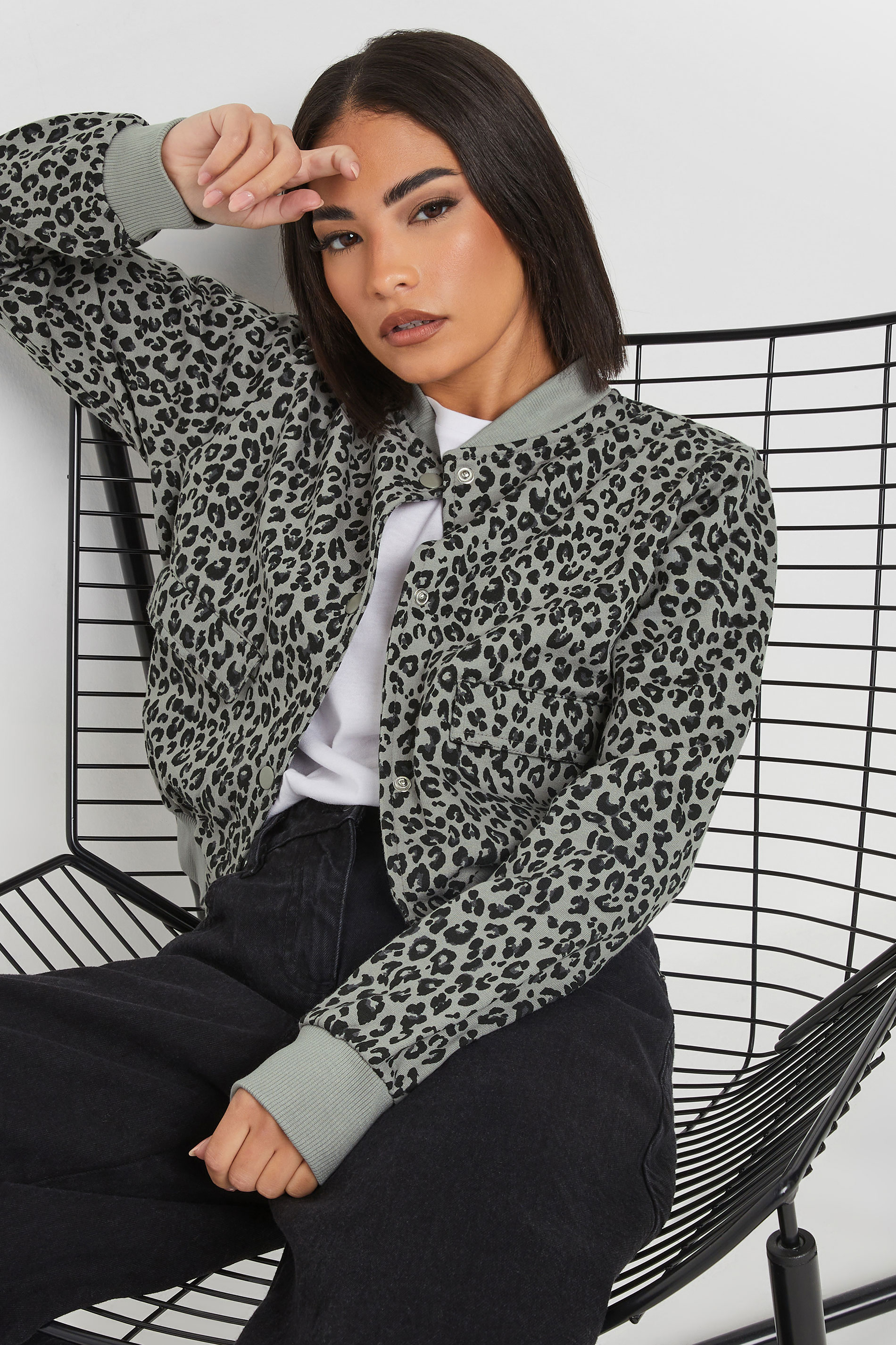 PixieGirl Grey Leopard Print Cropped Bomber Jacket | PixieGirl 1