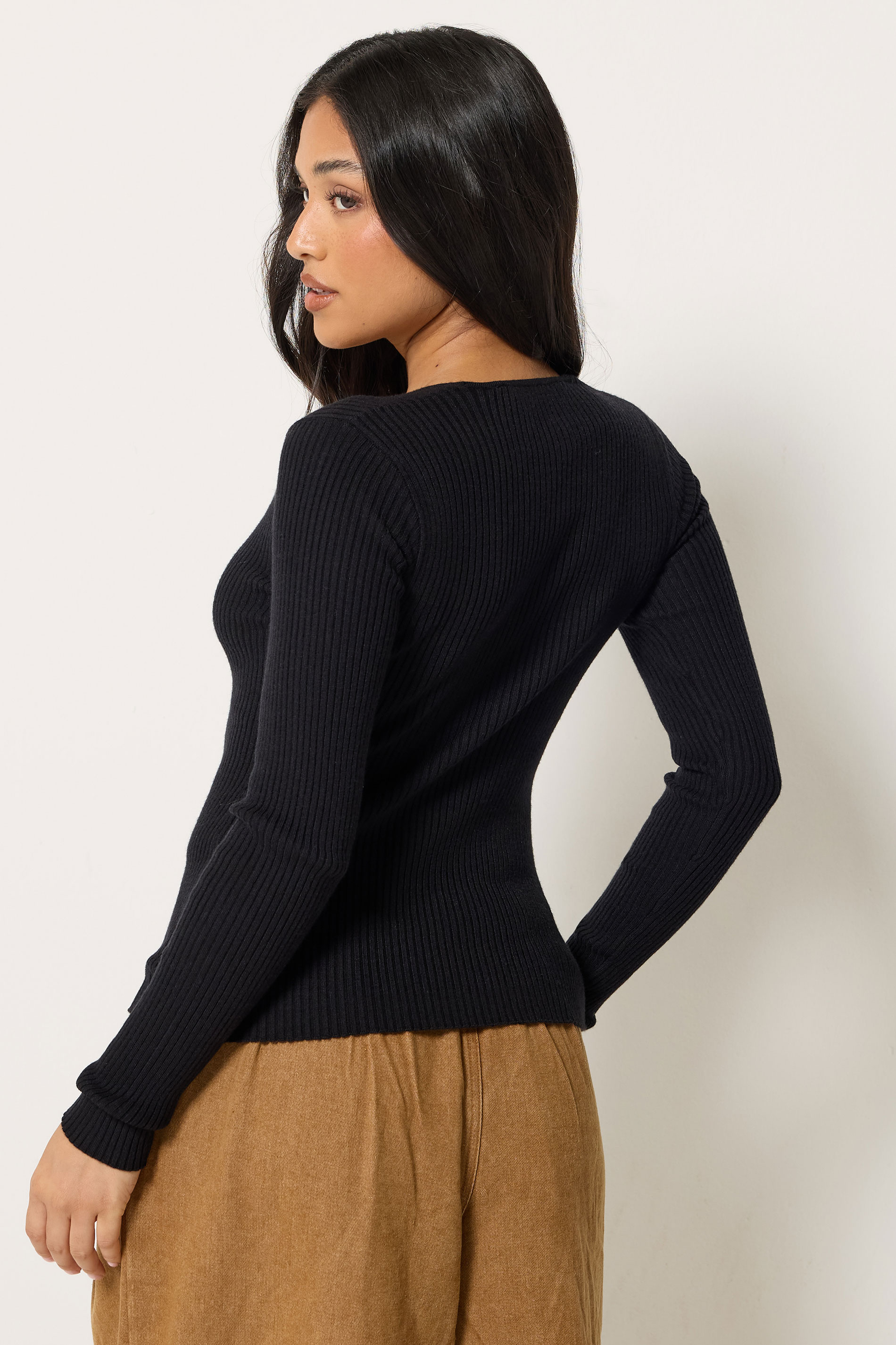 PixieGirl Petite Women's Black Ribbed Button Scoop Neck Jumper | PixieGirl  2