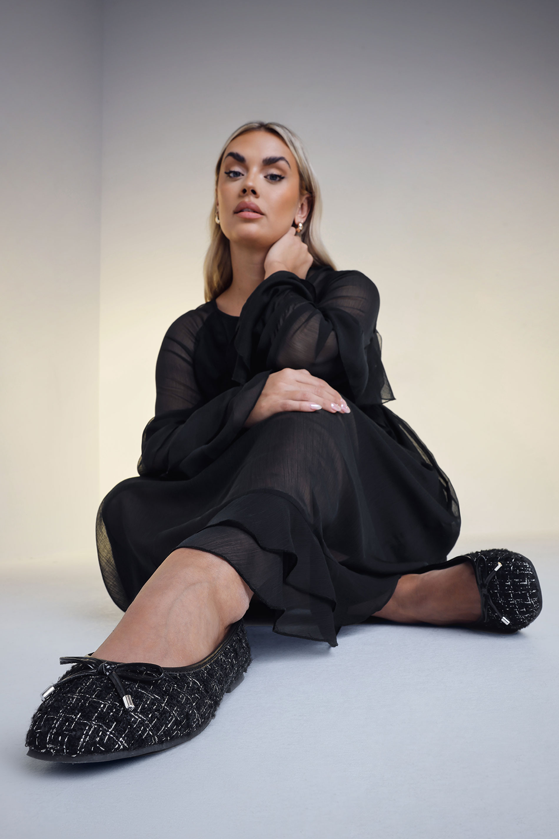 Black Boucle Ballerina Pumps In Extra Wide EEE Fit | Yours Clothing 1