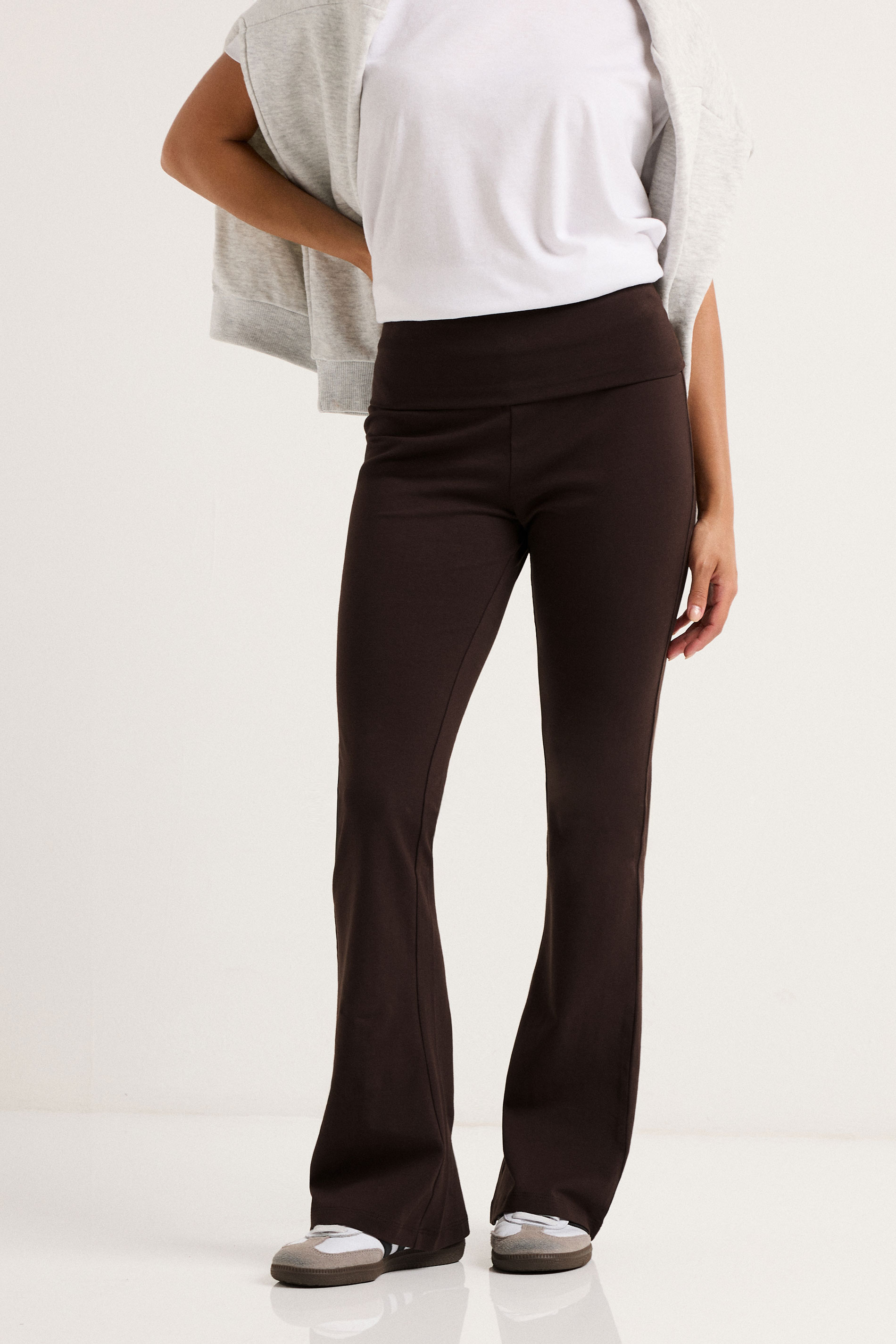 PixieGirl Petite Women's Chocolate Brown Fold Over Flared Leggings | PixieGirl 3