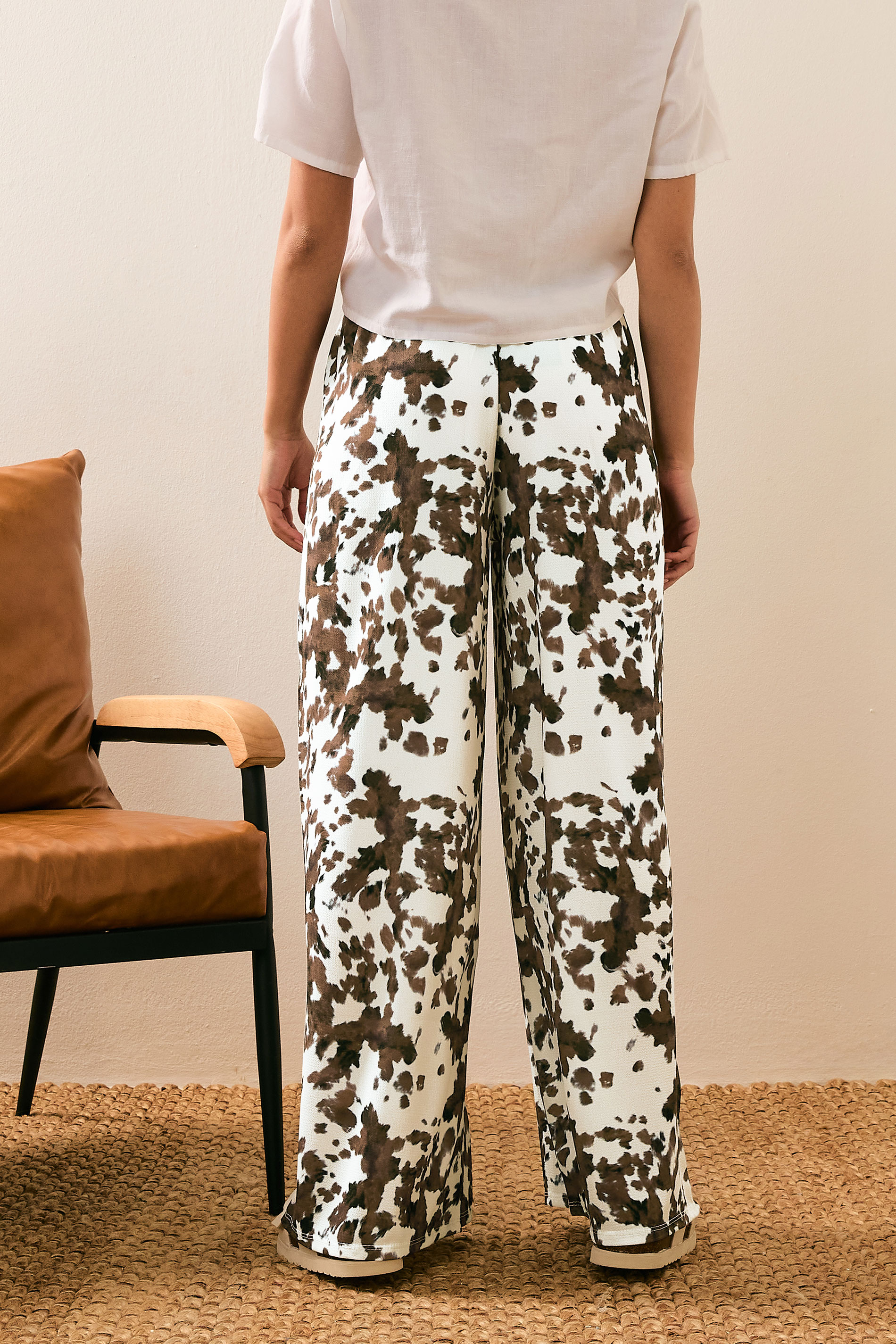 PixieGirl Petite Women's Brown Cow Print Wide Leg Trousers | PixieGirl 4