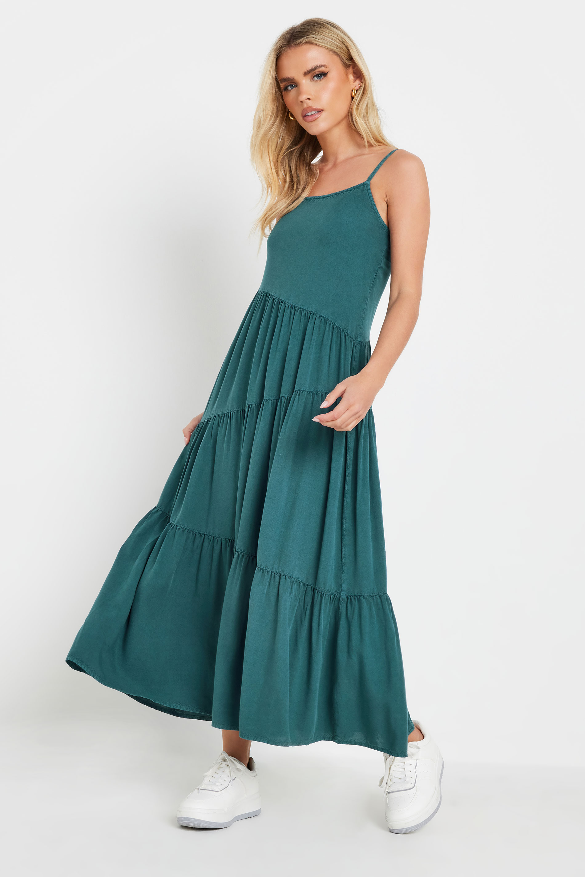 PixieGirl Petite Women's Teal Green Acid Wash Asymmetric Tiered Maxi Dress | PixieGirl 3