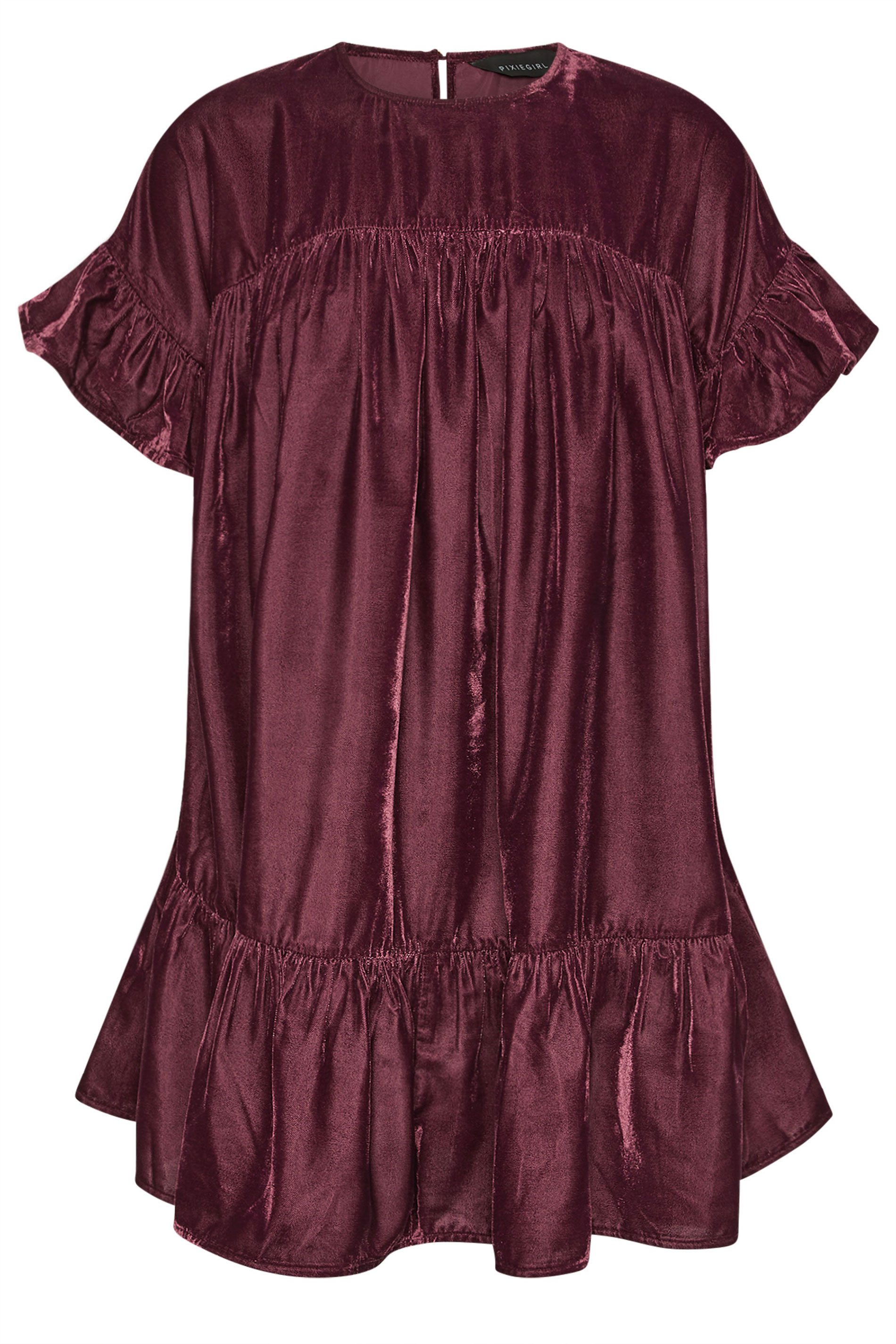 PixieGirl Petite Women's Burgundy Red Velvet Frill Smock Mini Dress | PixieGirl 6
