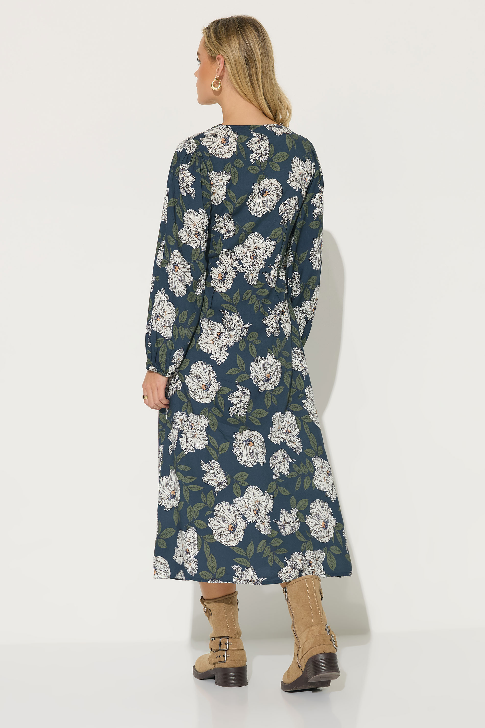 PixieGirl Petite Women's Navy Blue Floral Midi Tea Dress | PixieGirl 3