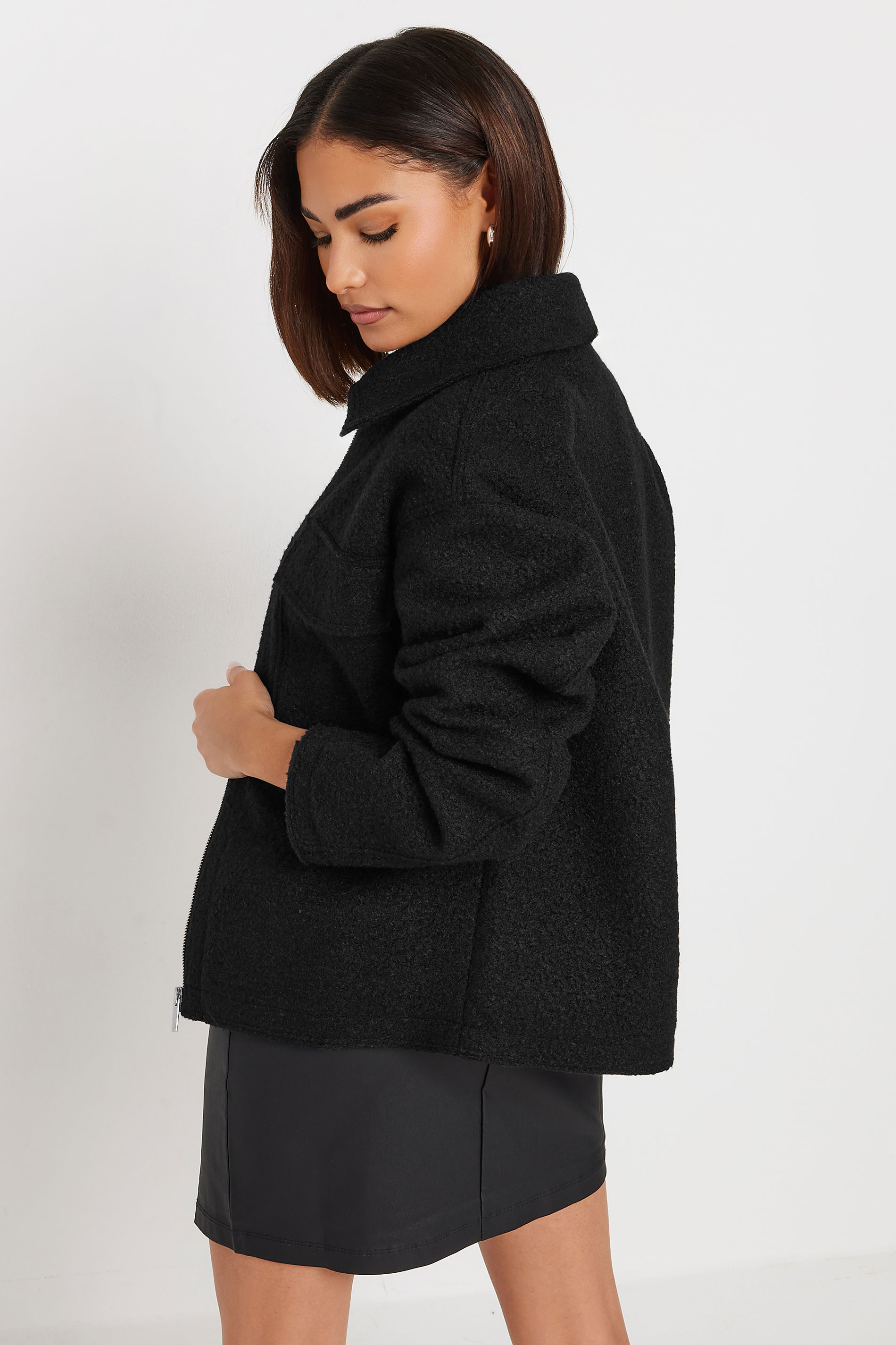 PixieGirl Petite Women's Black Boucle Zip Through Shacket | PixieGirl 4