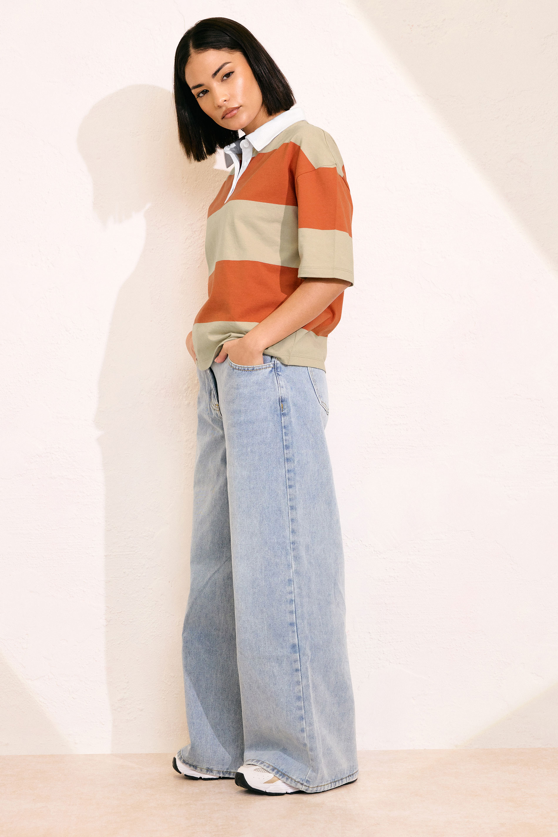 PixieGirl Petite Women's Orange Cotton Striped Rugby Collar T-Shirt | PixieGirl 2