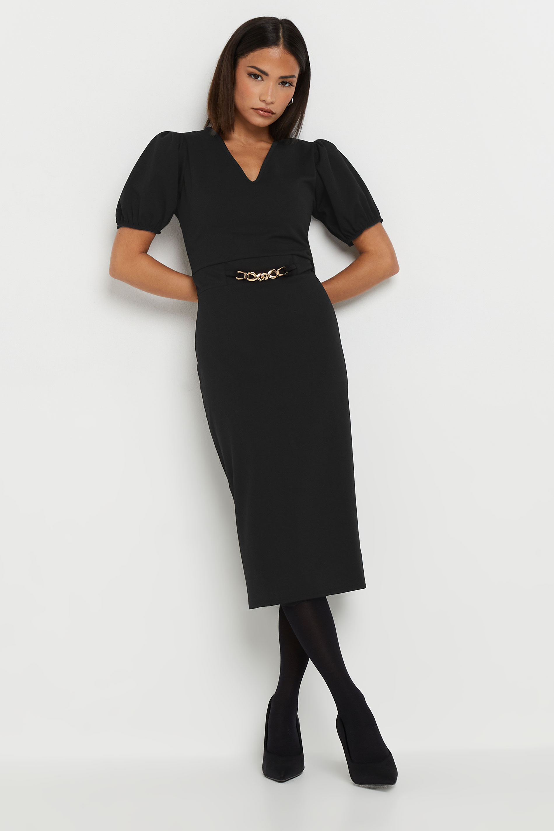 PixieGirl Petite Women's Black Scuba Chain Buckle Dress | PixieGirl 4
