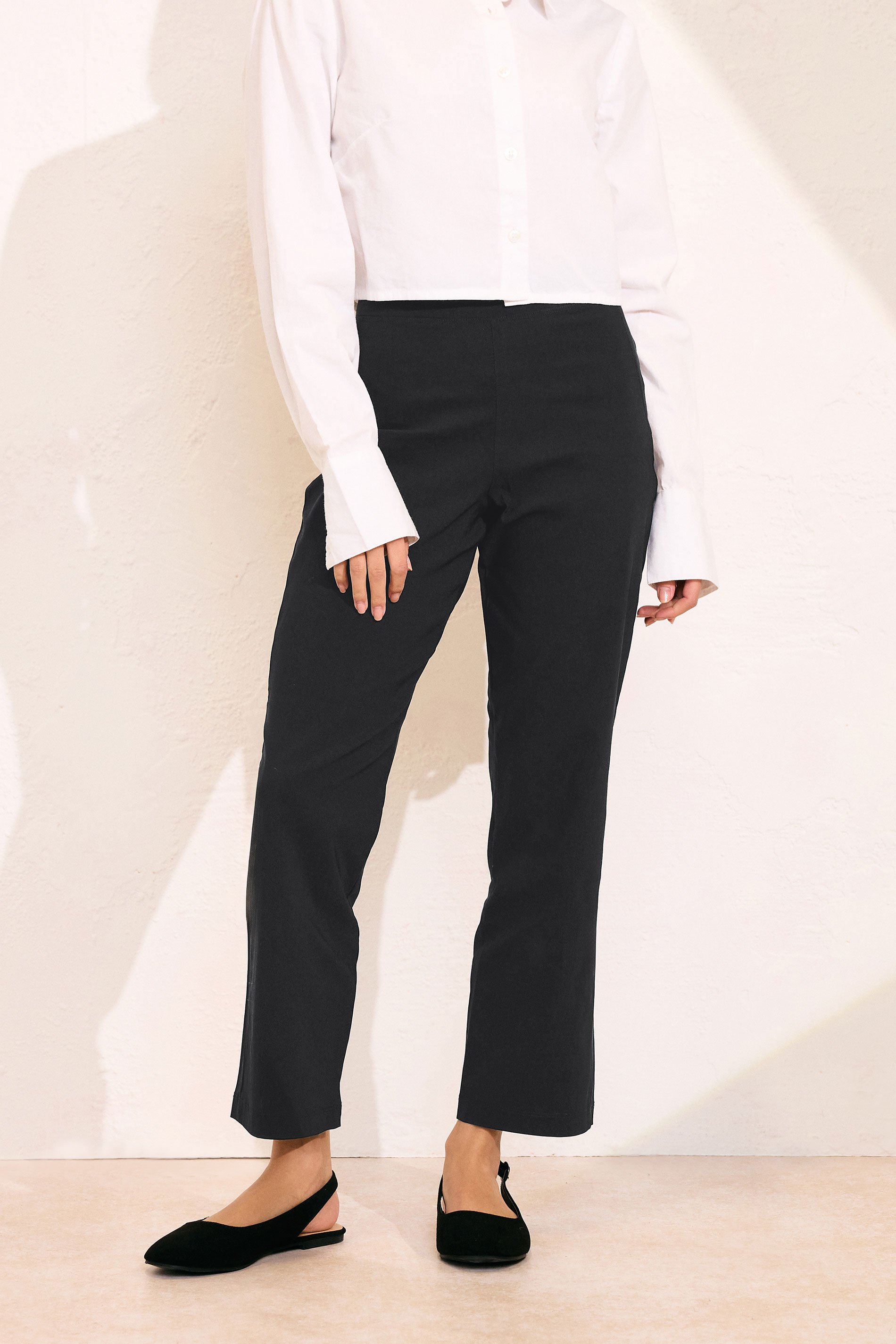 Petite Black Bi Stretch Straight Leg Trousers | PixieGirl  2