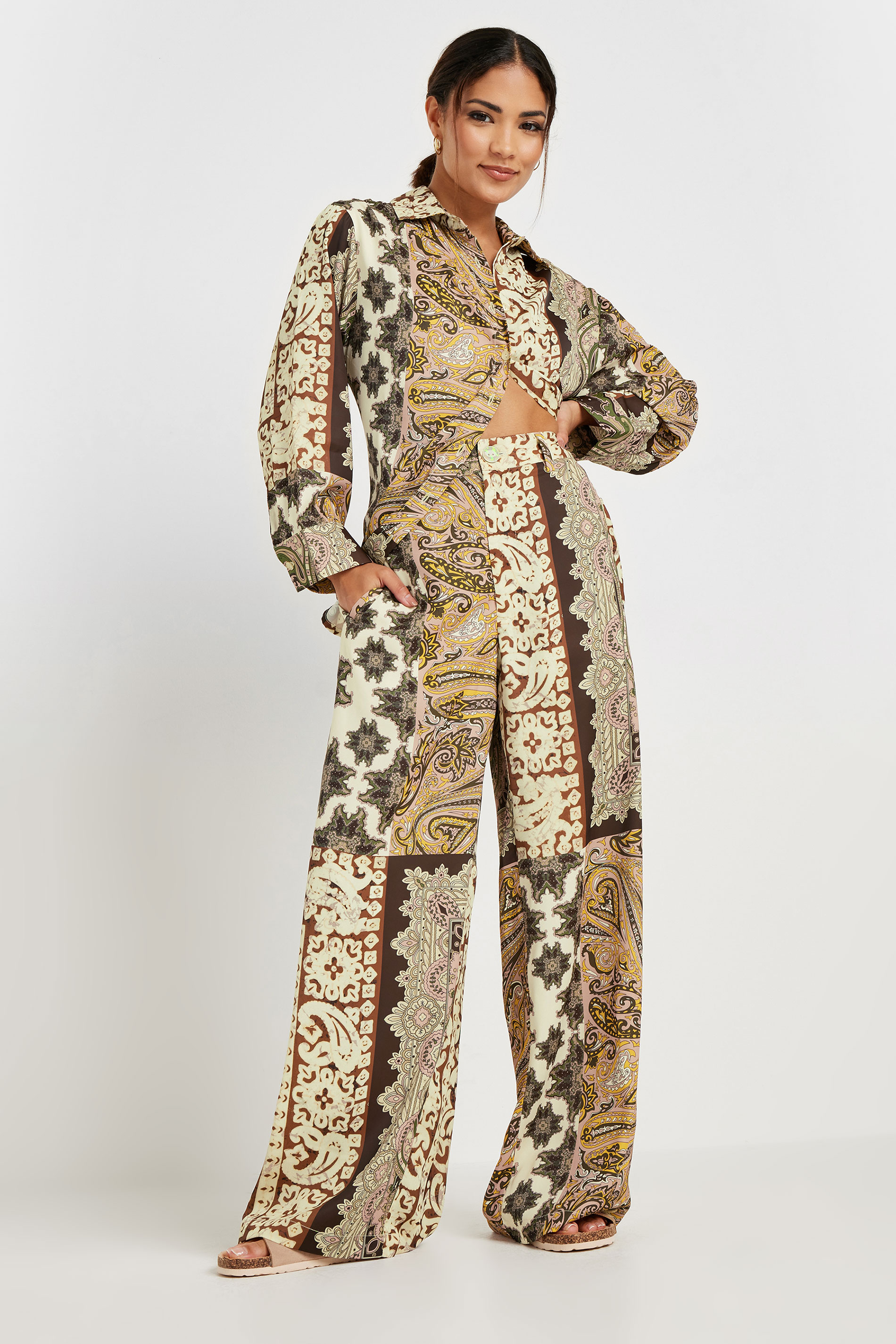 PixieGirl Petite Women's Beige Brown Patchwork Print Shirt | PixieGirl 2