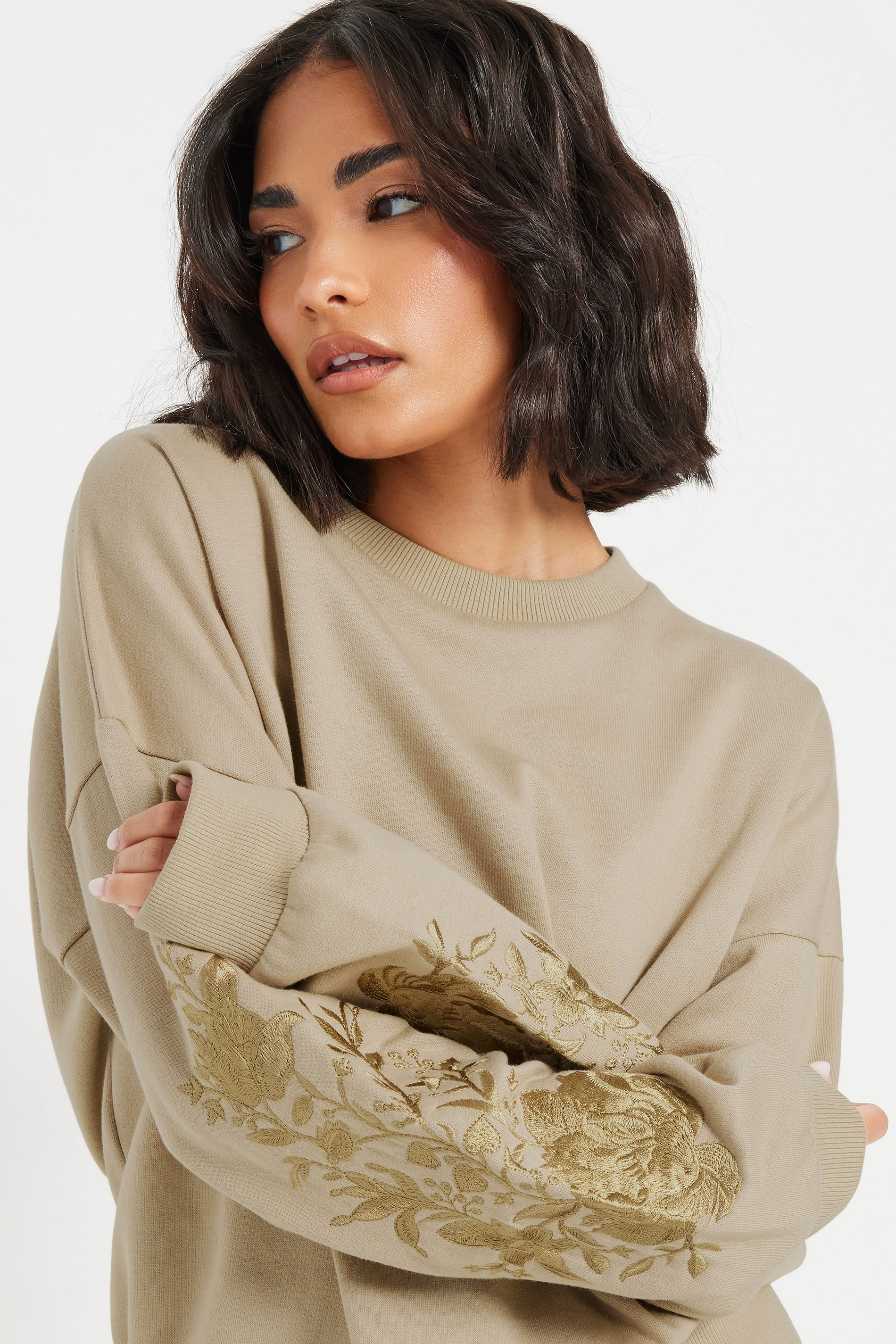 PixieGirl Petite Women's Natural Brown Floral Embroidered Sweatshirt | PixieGirl 5
