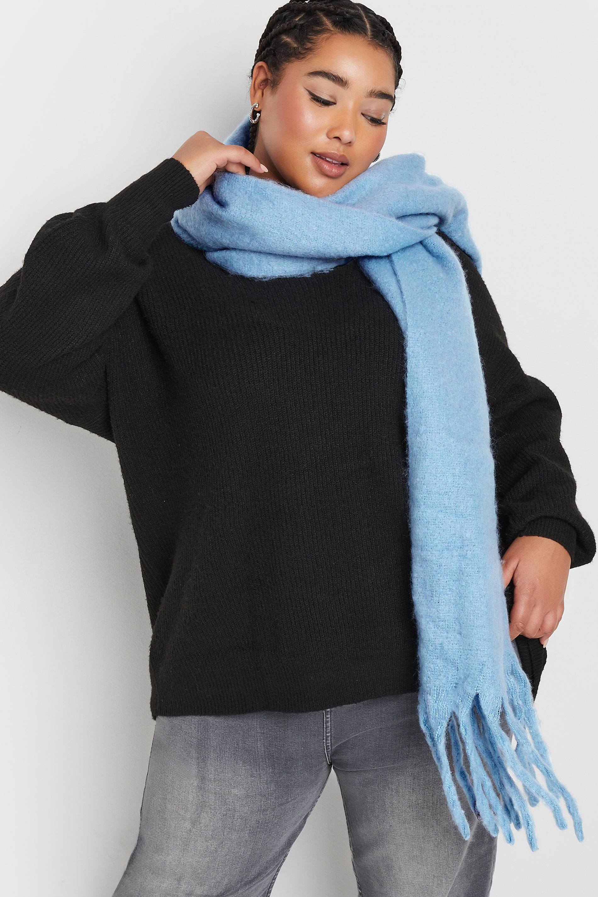 Light Blue Tassel Trim Chunky Scarf | Yours Clothing 1