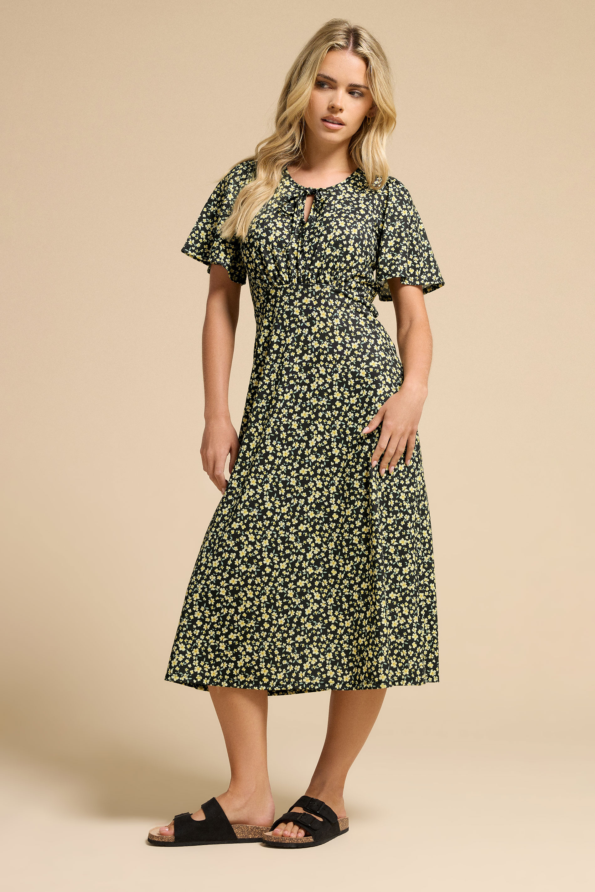 PixieGirl Petite Women's Black Ditsy Tie Neck Midi Dress | PixieGirl 1