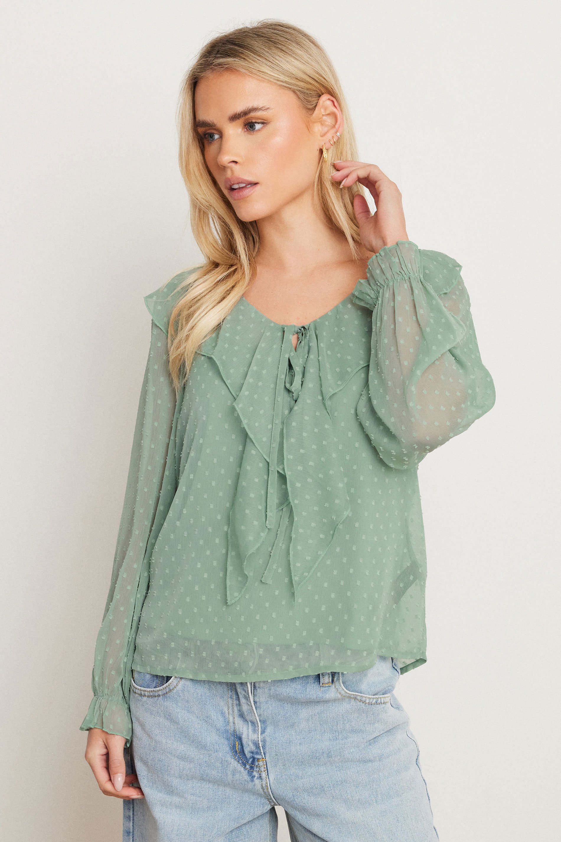 PixieGirl Petite Women's Sage Green Dobby Frill Blouse | PixieGirl 1