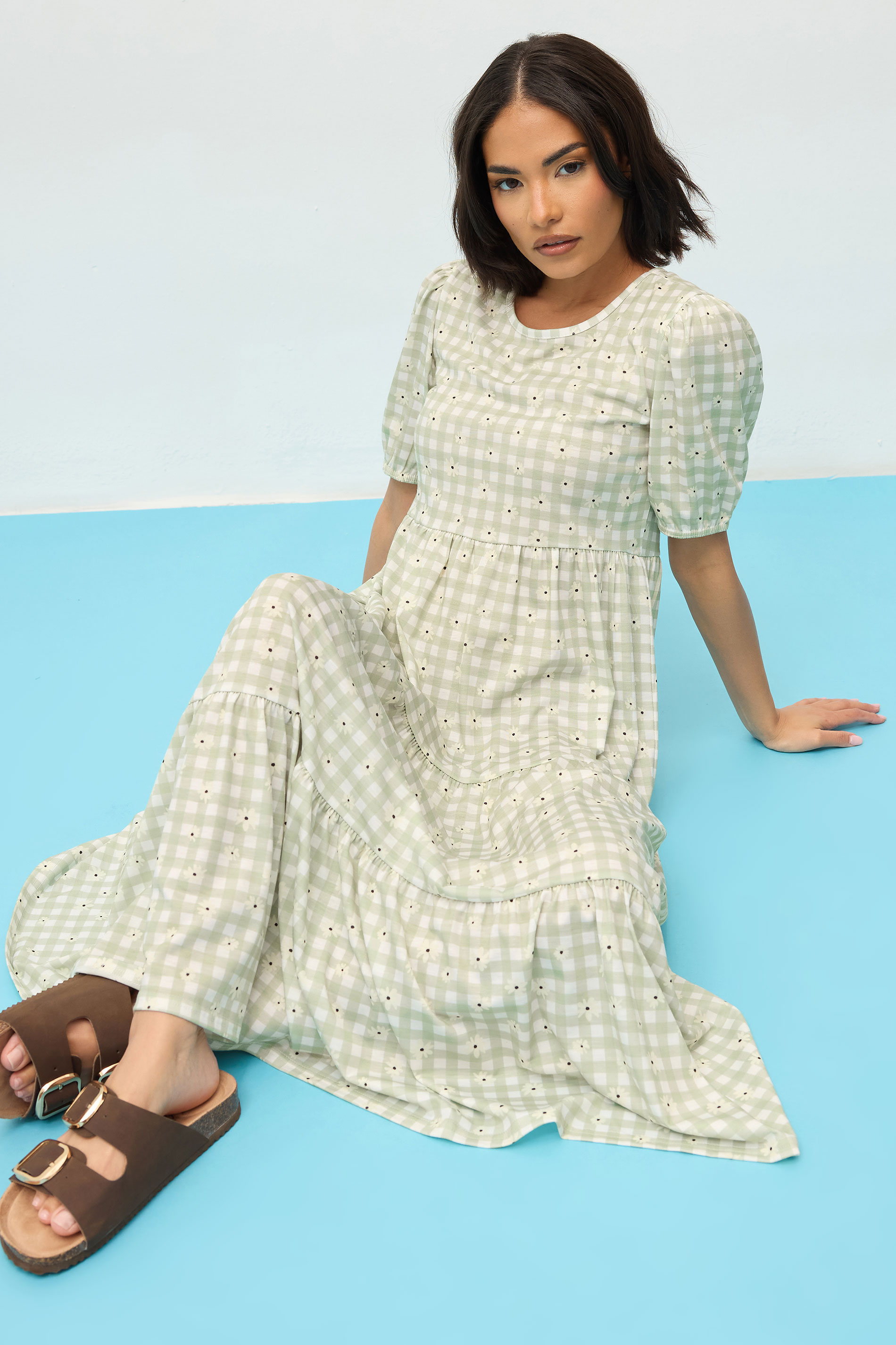 PixieGirl Petite Women's Sage Green Daisy Gingham Tiered Smock Dress | PixieGirl 3