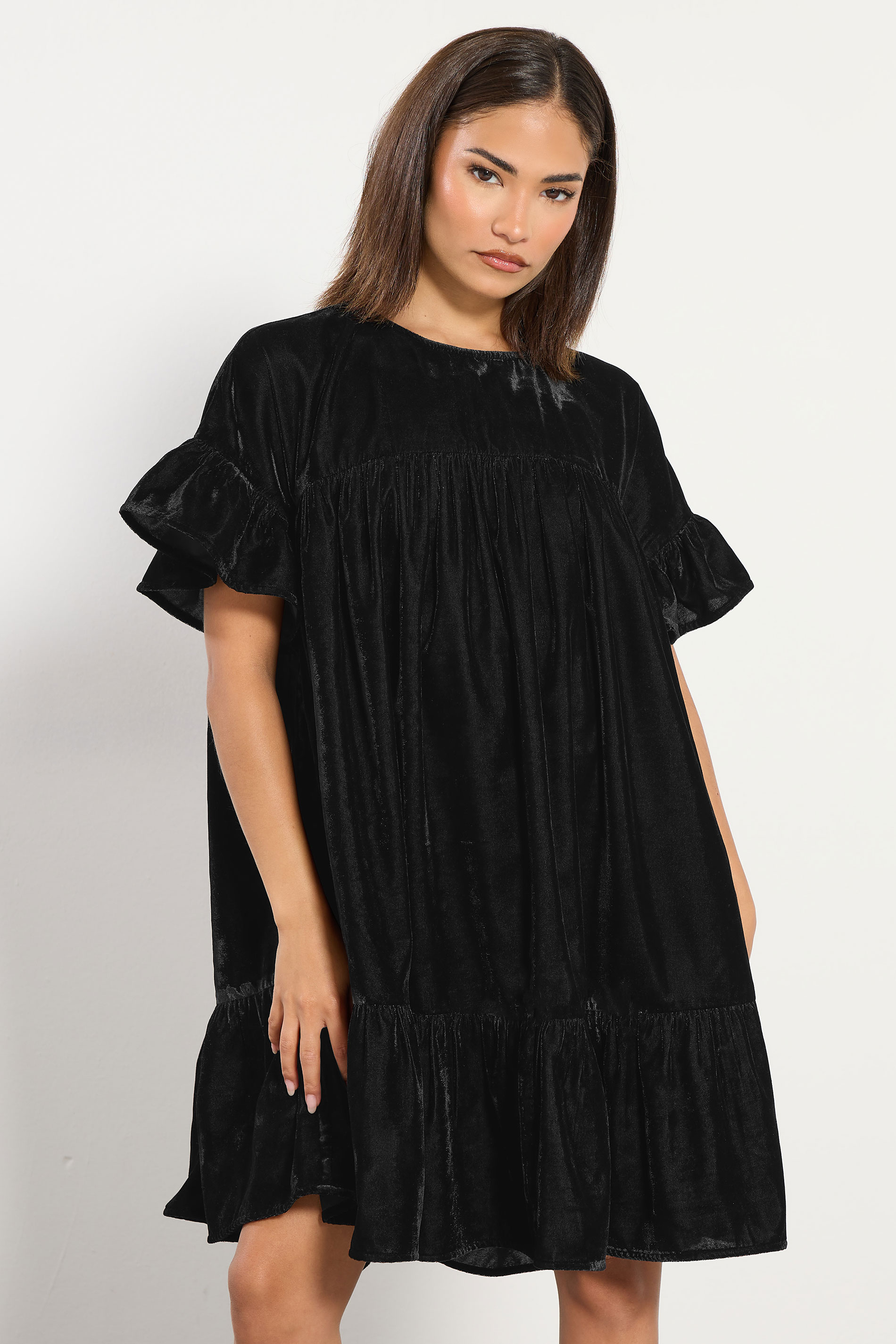 PixieGirl Petite Women's Black Velvet Frill Smock Mini Dress | PixieGirl 2