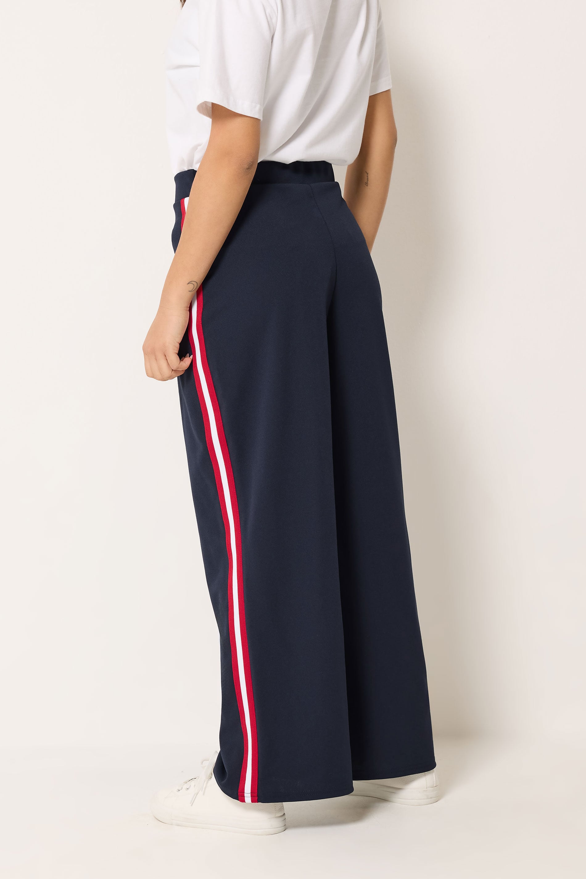 M&Co Petite Navy Blue Side Stripe Wide Leg Trousers | M&Co 2