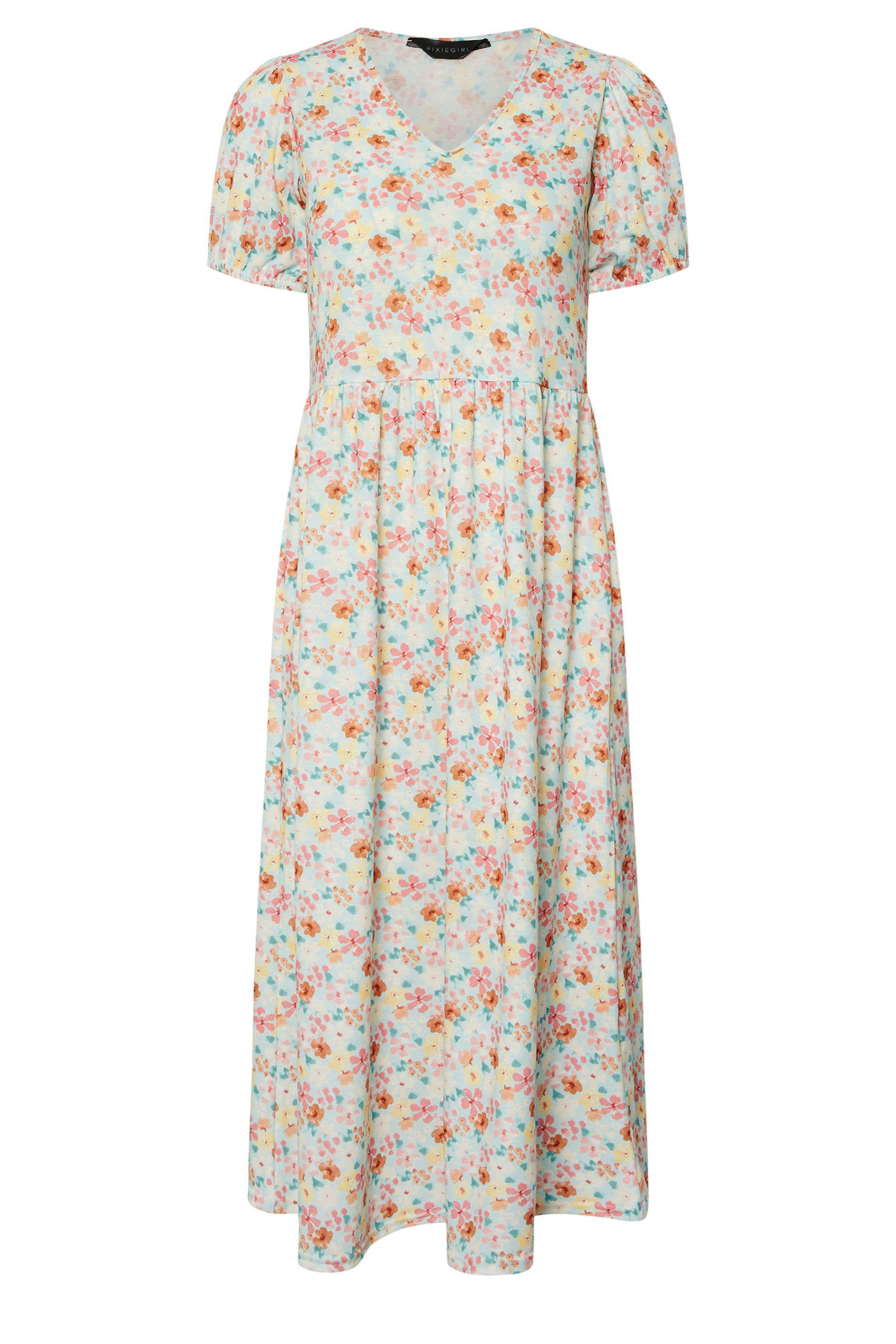 PixieGirl Petite Women's Light Blue Floral V-Neck Midi Dress | PixieGirl 5