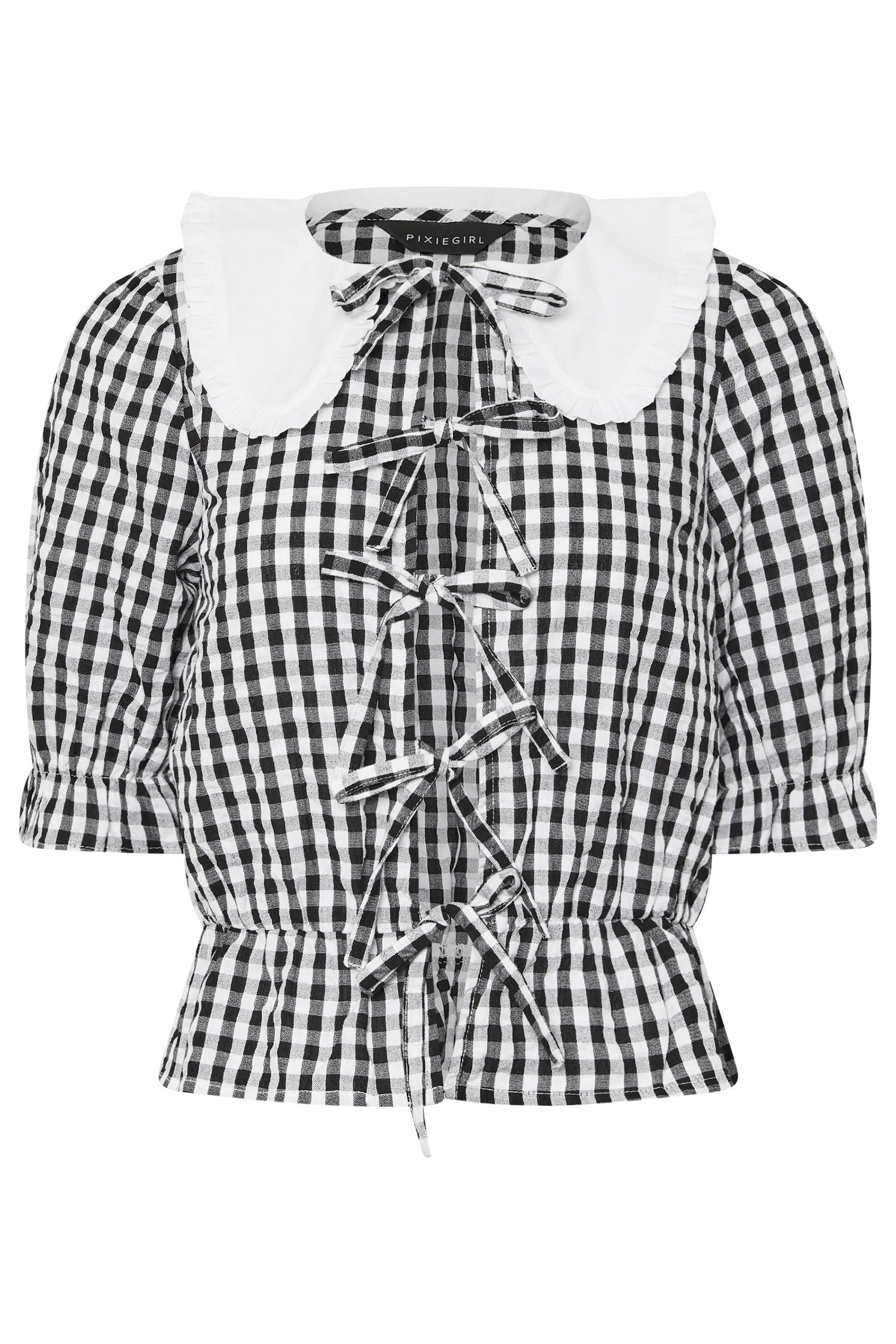 PixieGirl Petite Women's Black Gingham Tie Front Collar Peplum Top | PixieGirl 6