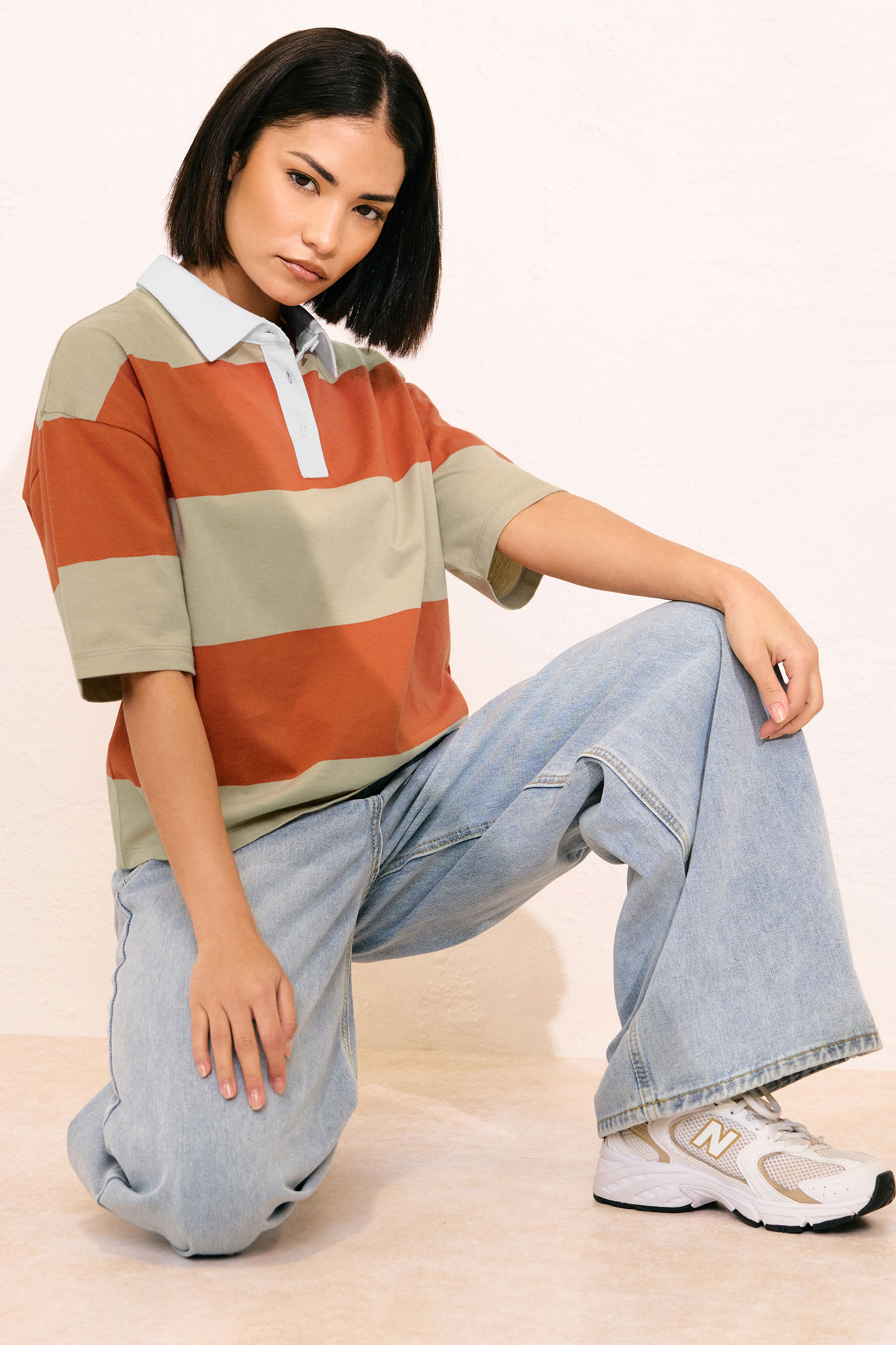 PixieGirl Petite Women's Orange Cotton Striped Rugby Collar T-Shirt | PixieGirl 1