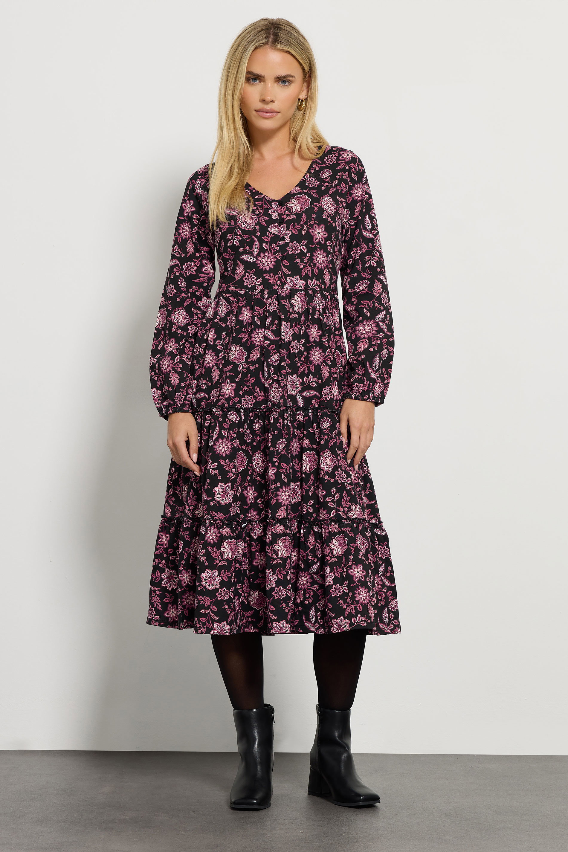 M&Co Petite Black Floral Tiered Midi Dress | M&Co 1