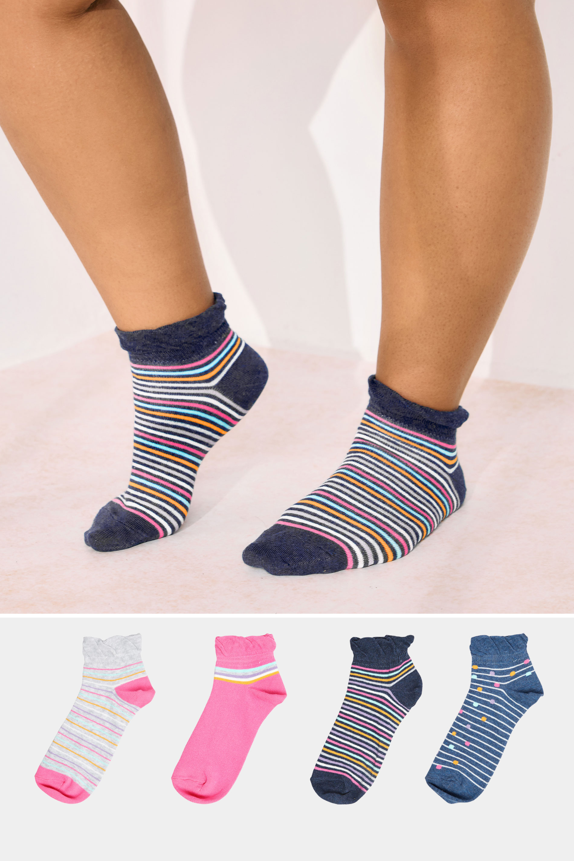 4 PACK Pink & Blue Stripe Print Ankle Socks | Yours Clothing 1