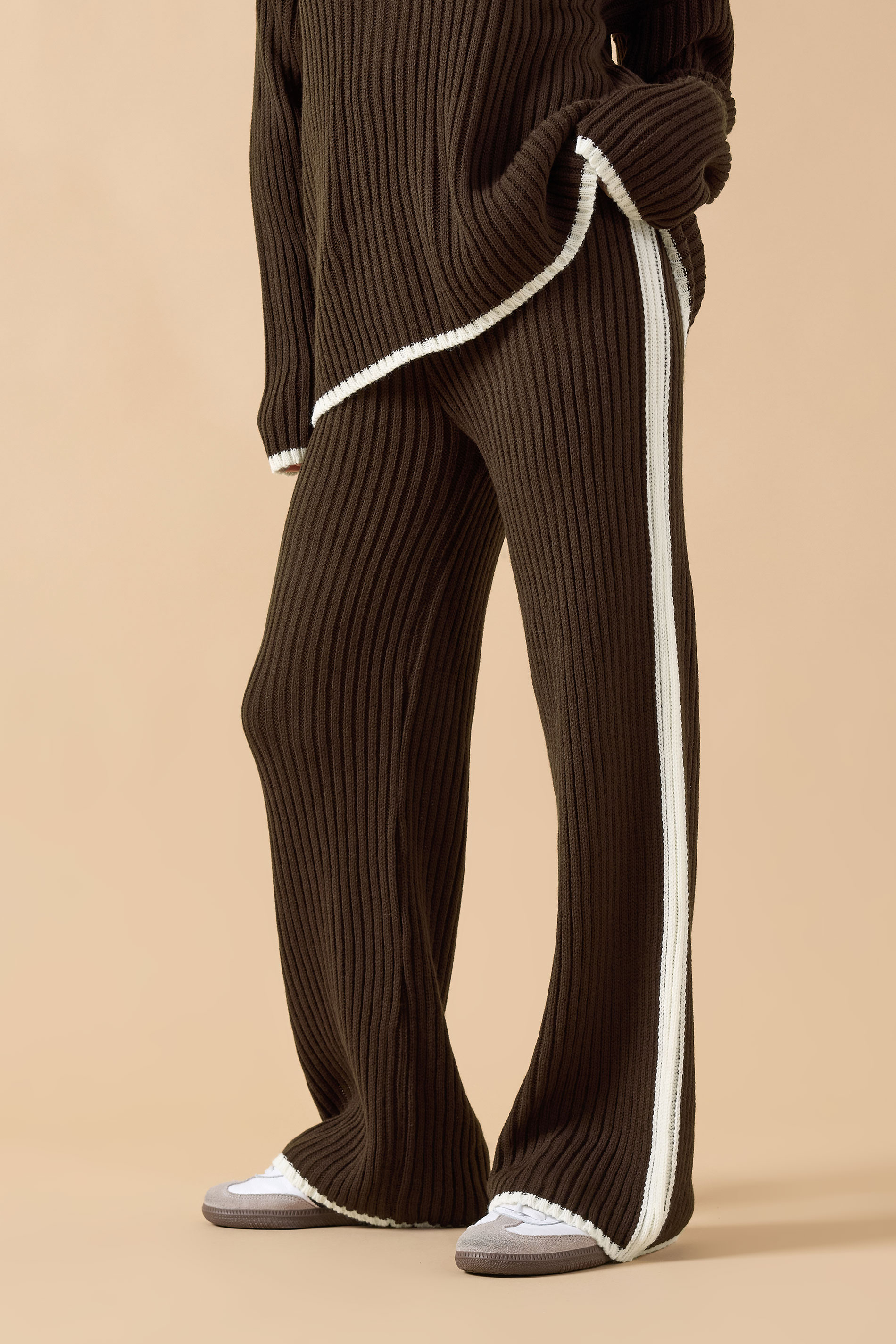PixieGirl Petite Women's Chocolate Brown Knitted Side Stripe Trousers | PixieGirl 2