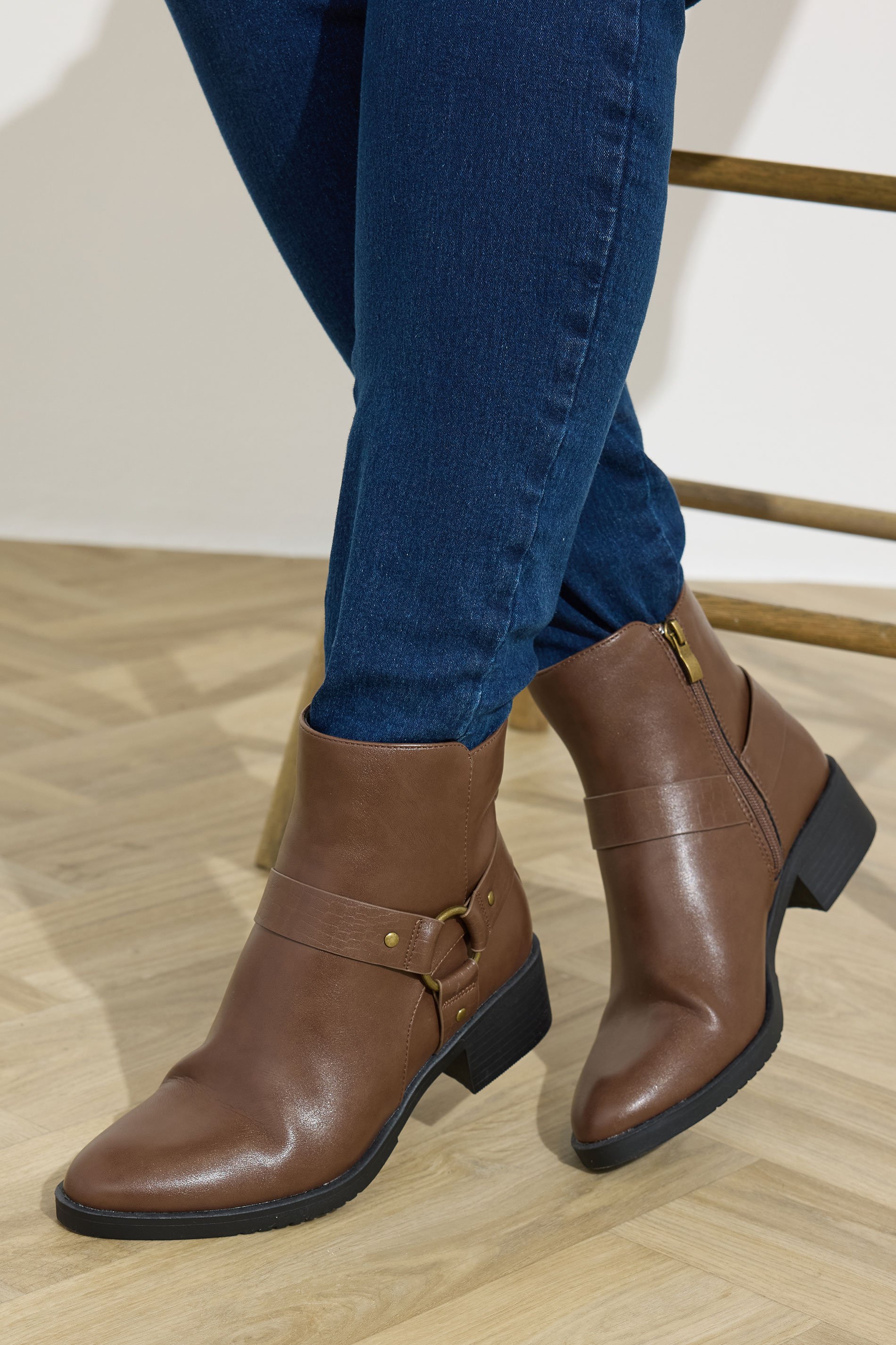 Brown Faux Leather Buckle Ankle Boots In Standard Fit | Yours Clothing 1