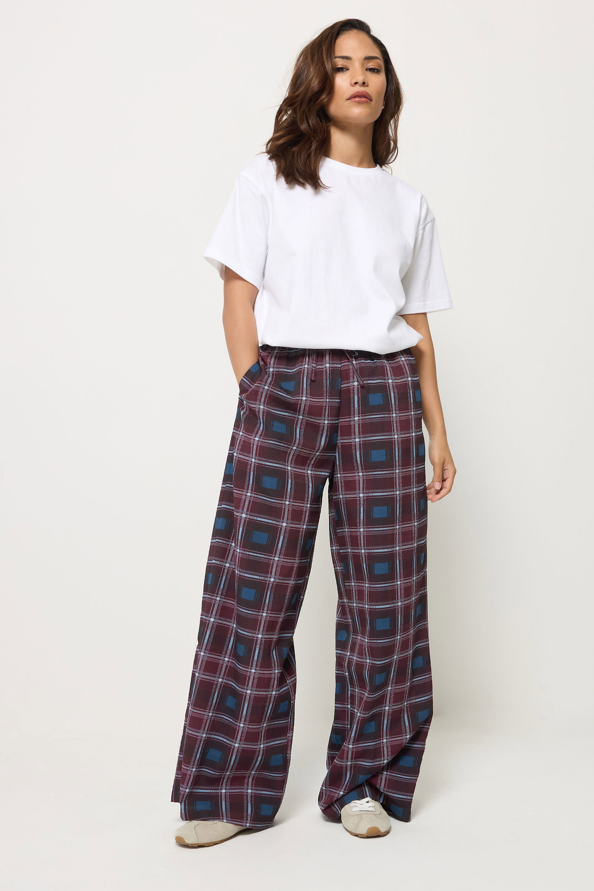 Pixiegirl Women's Red Petite Burgundy Check Print Wide Leg Trousers Size Petite > 8