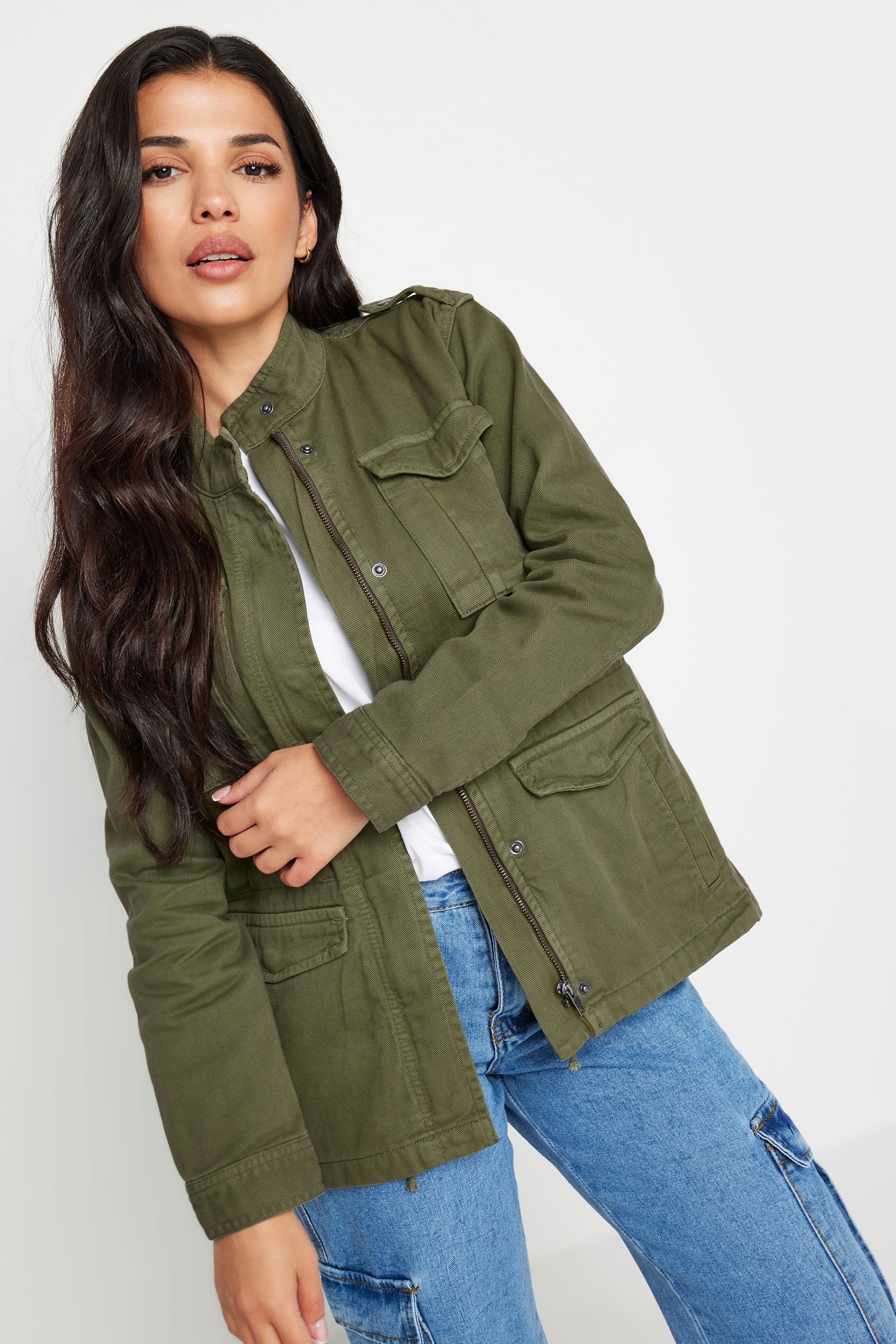 PixieGirl Petite Women's Olive Green Utility Style Denim Jacket | PixieGirl 2
