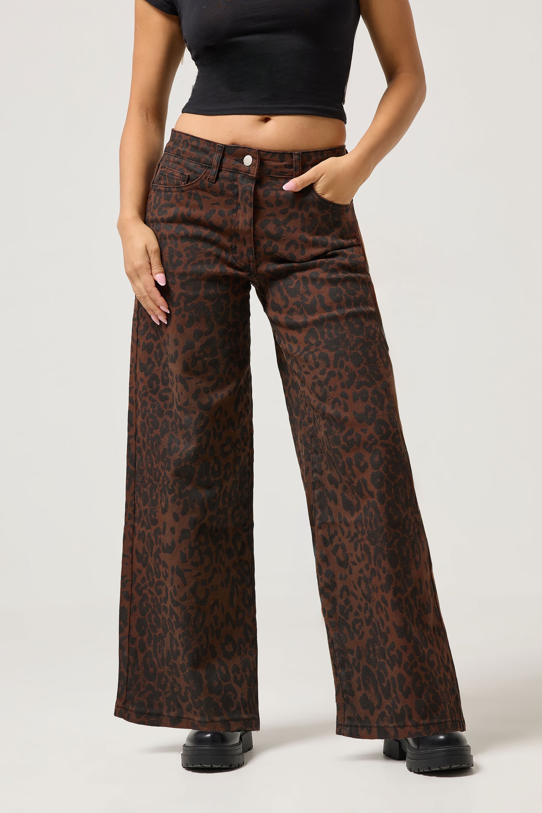 PixieGirl Petite Womens Brown Leopard Print Wide Leg Jeans | PixieGirl 2