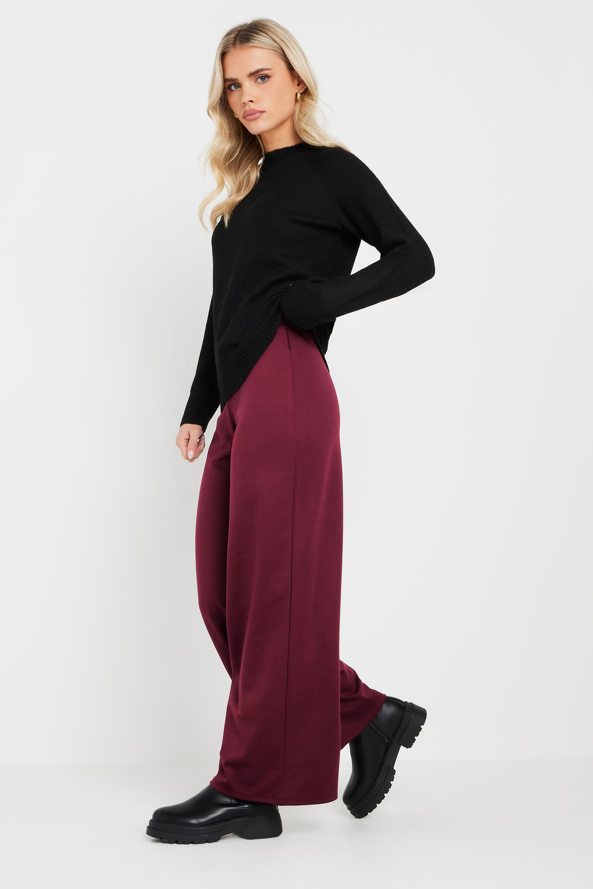 PixieGirl Petite Women's Burgundy Red Tailored Tab Wide Leg Trousers | PixieGirl 1