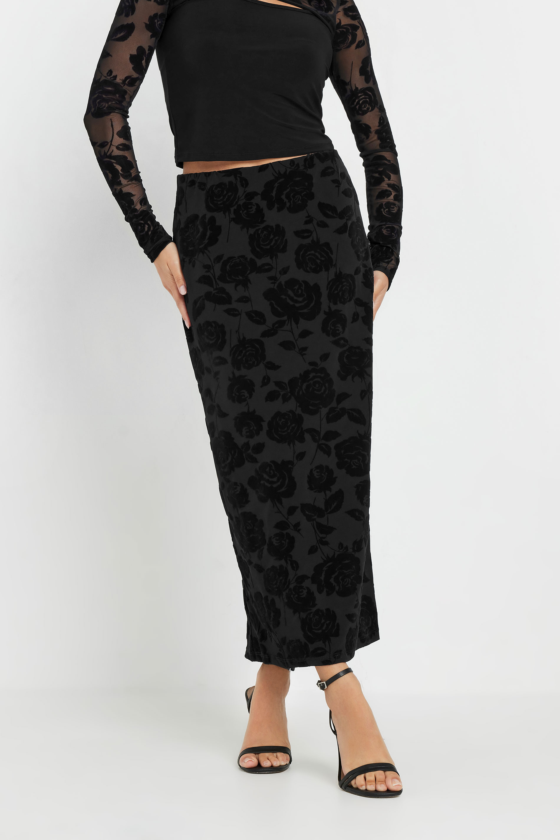 PixieGirl Petite Women's Black Velvet Rose Detailed Skirt | PixieGirl 2