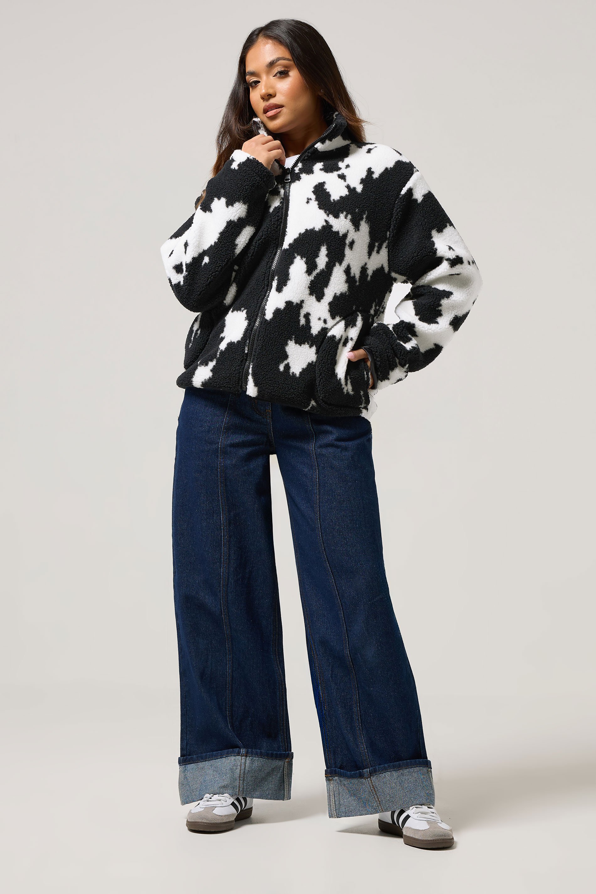 PixieGirl Petite Women's Black Cow Print Zip Fleece Jacket | PixieGirl 2