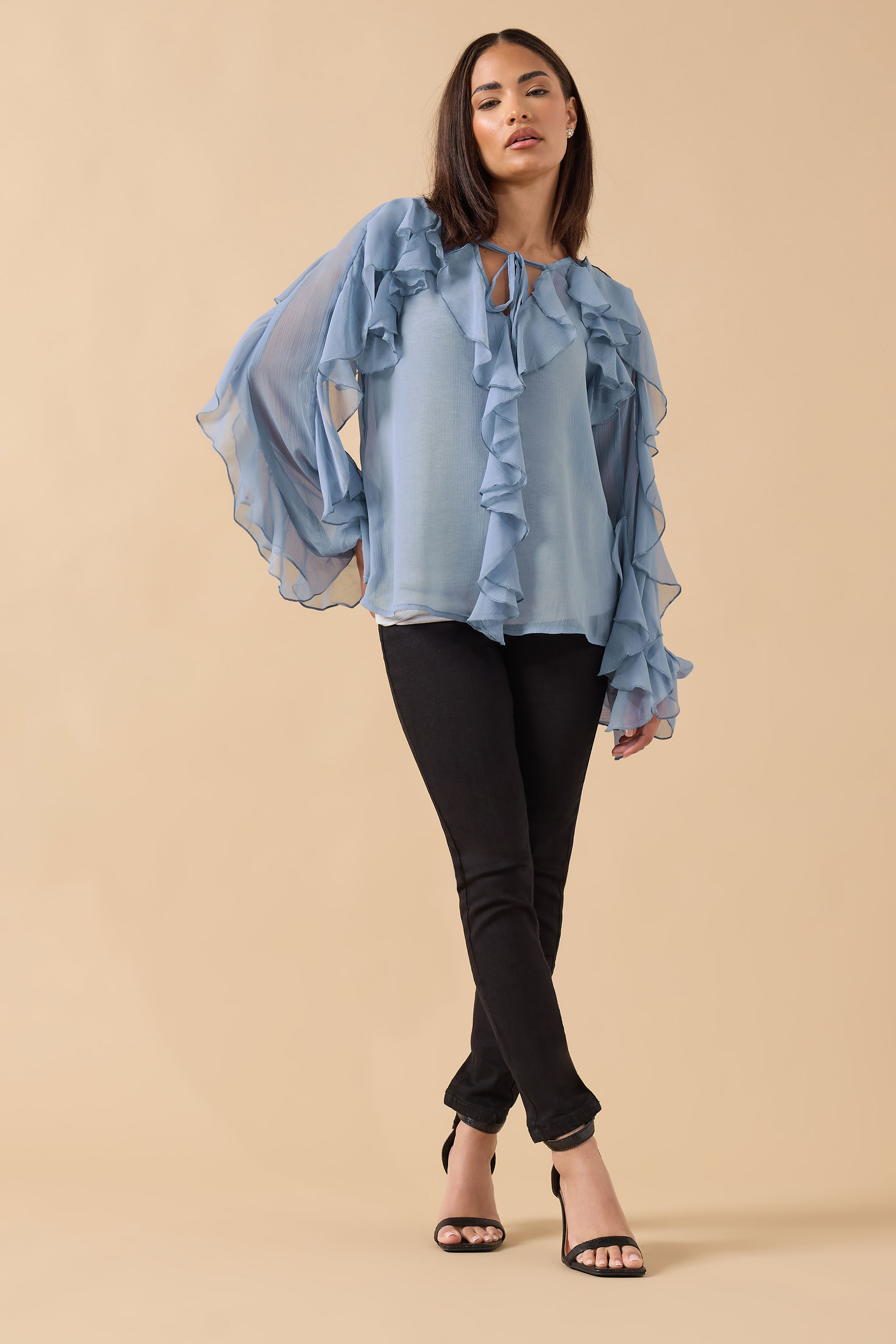 PixieGirl Petite Women's Blue Chiffon Frill Blouse | PixieGirl 2