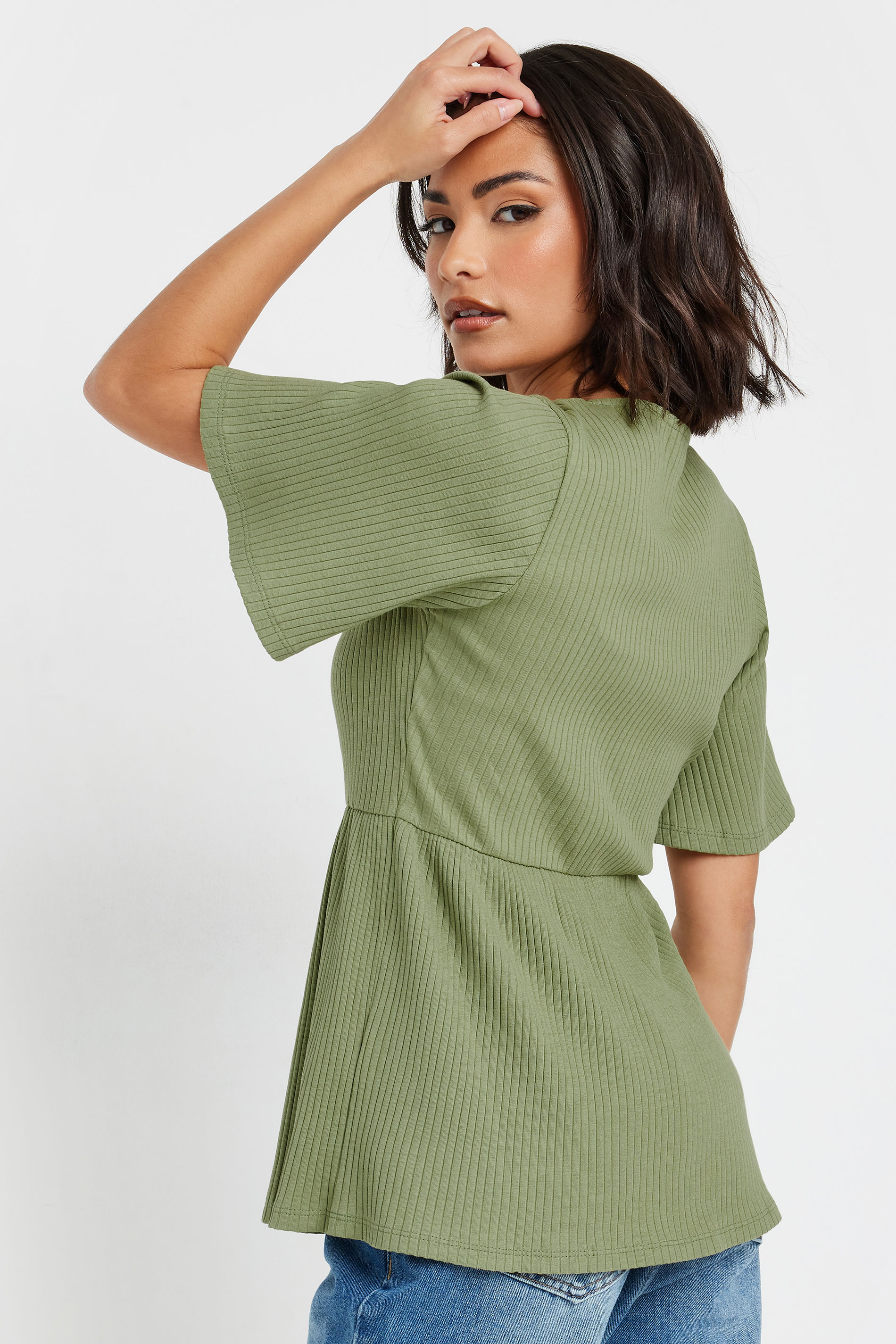 PixieGirl Petite Women's Sage Green Ribbed Smock Top | PixieGirl 3